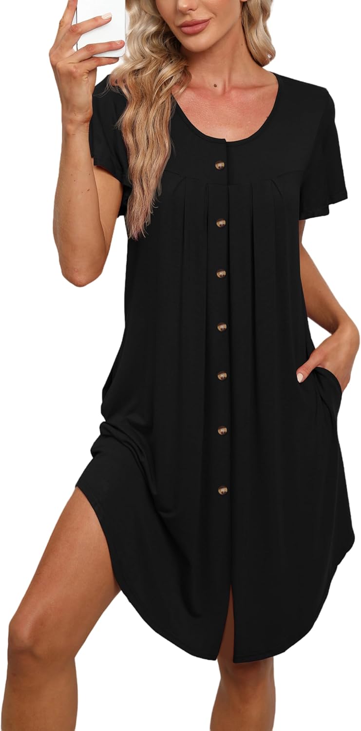 Womens Button Down Nightgown Pleated Front Short Sleeve Sleepwear