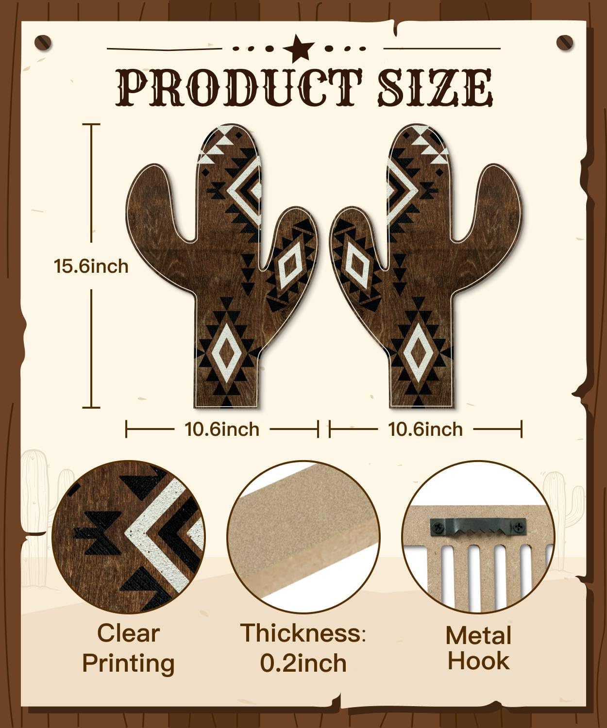Putuo Decor Aztec Cactus Decor Set of 2, Southwestern Boho Cactus Wall Art, Western Diamond Geometric Pattern Wall Decoration, Black White Tribal Style Hanging for Western Bathroom, Living Room