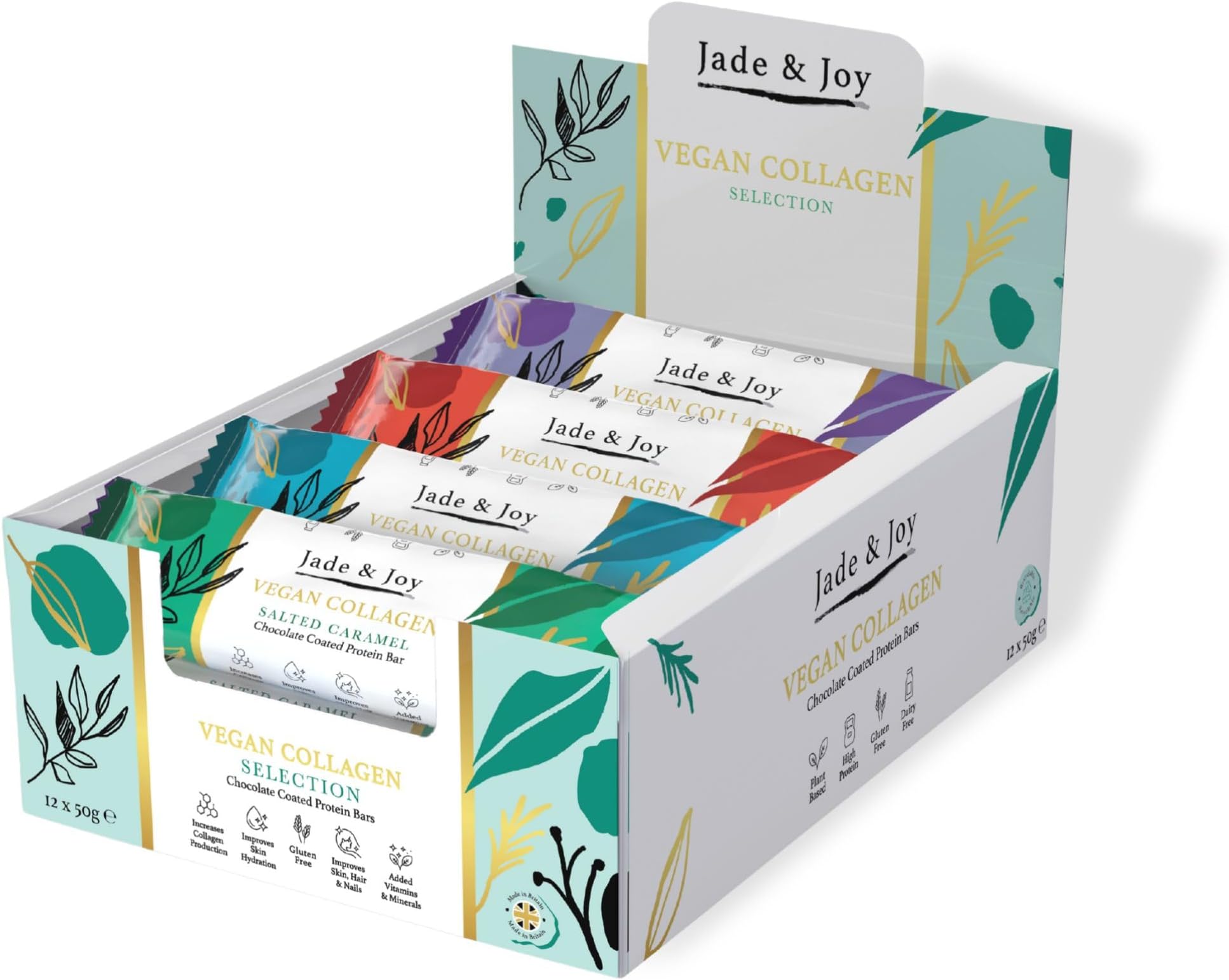 Jade & Joy Collagen Protein Bars, 12 Bar Selection Box, 15g Protein, 2.5g of Plant Collagen, Hyaluronic Acid, Low Sugar, High Fibre, Low Calories, Gluten Free, Dairy Free, Vitamins & Minerals, 12x50g