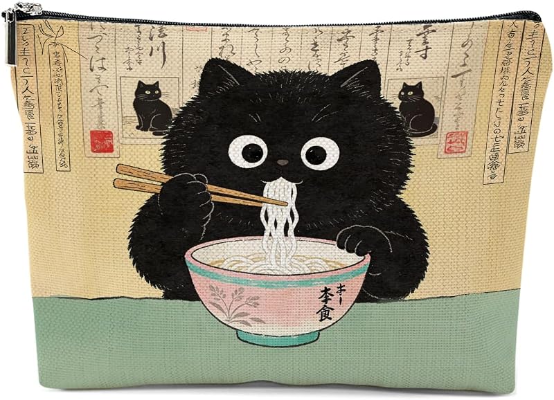 Necessaire de maquiagem XFN com estampa de gatos e ramen, modelo 0743