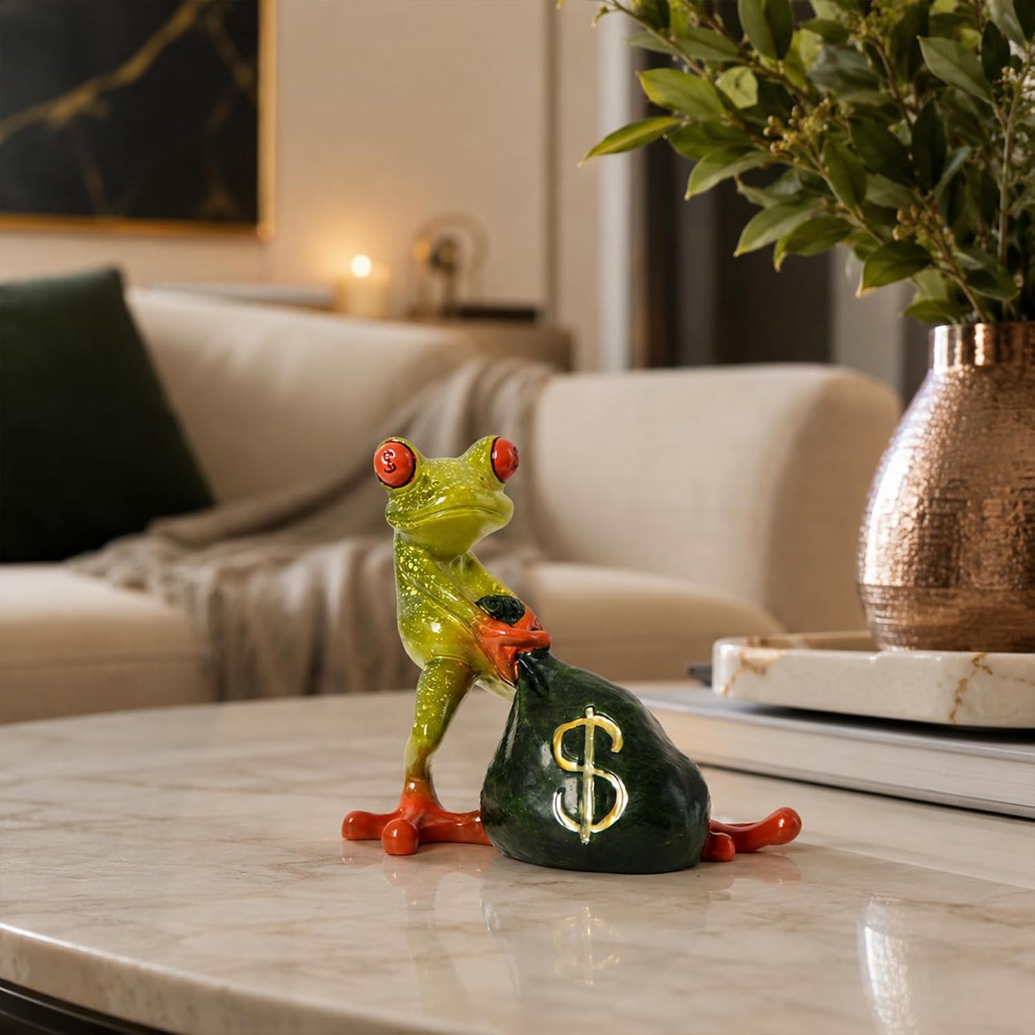 Funny Resin Frog Figurines, Green Frog Statue for Home Office Desk Shelf Decor, Cute Animal Collectible Sculpture, Indoor Decorative Figurine Gift for Frog Lovers (Money Bag Frog) image 5