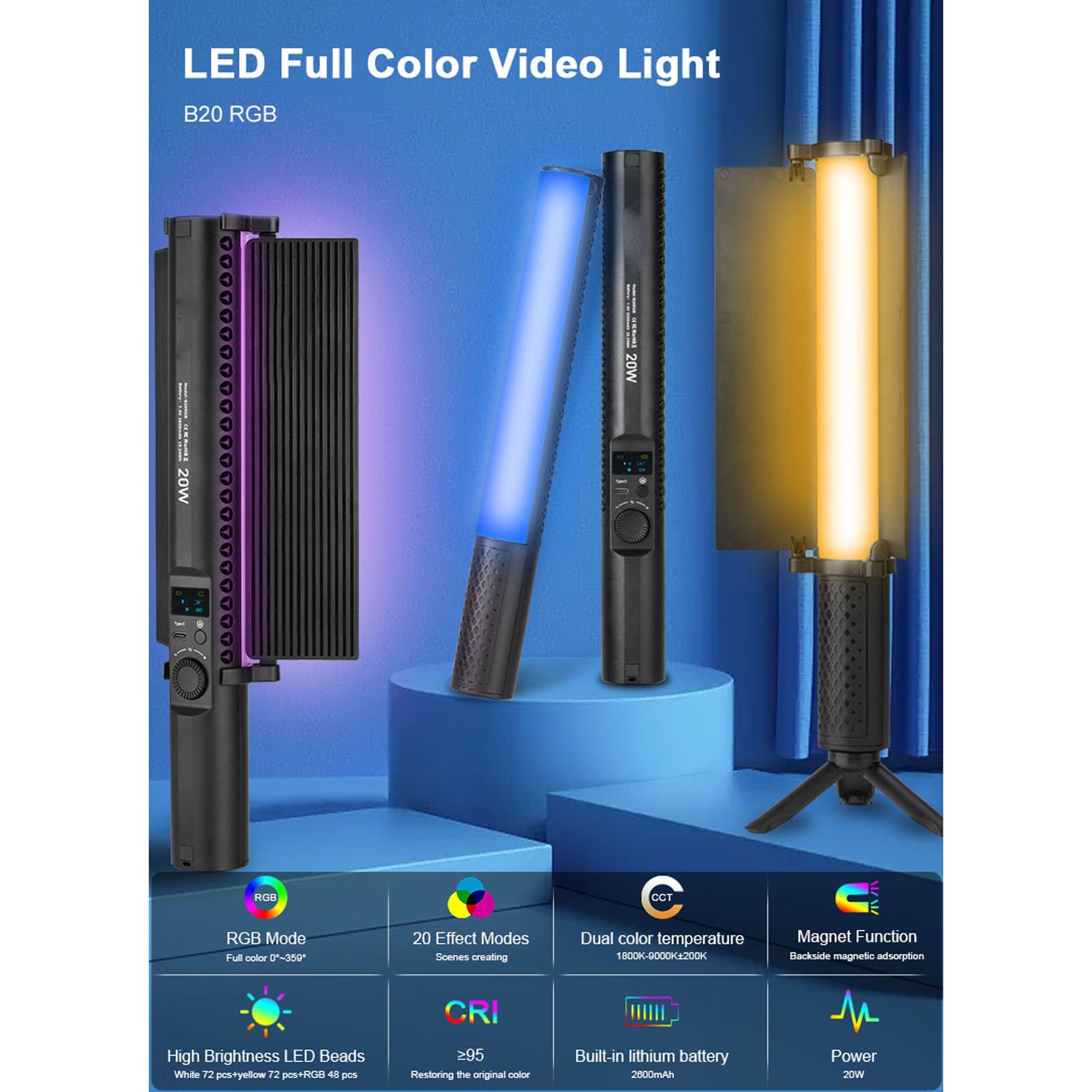 Jectse Bacchetta Luminosa LED RGB, Stick Luminoso Video RGB 20W 360° per Fotografia, Tubo Luminoso Dimmerabile per Fotocamera Portatile 1800K-9000K 2600mAh Ricaricabile per Giochi in