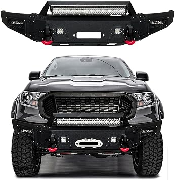 Compatible with 2019-2020-2021-2022-2023 Ranger Front Bumper Textured Black Steel with Light and D-ring