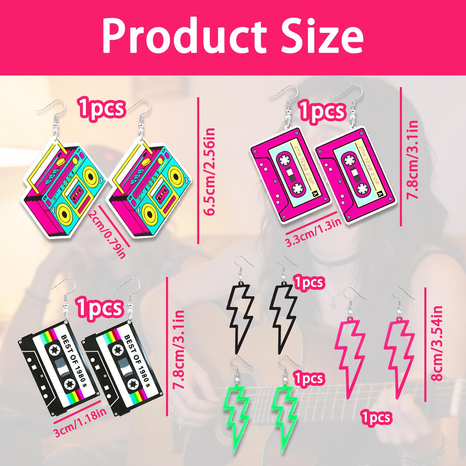 Pendientes de Neón Años 80 Retro Cintas de Casete 6 Pares Mujer
