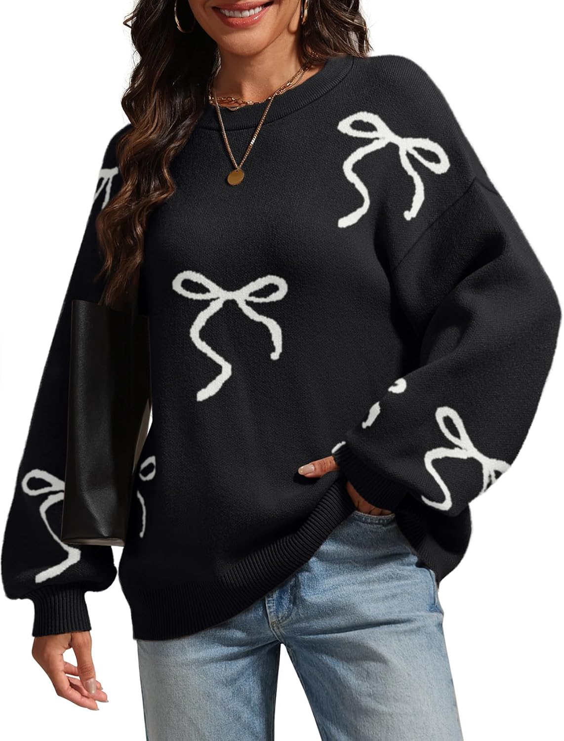 ATHMILE Fall Sweaters for Women 2026 Fashion Cute Bow Knit Pullover Trendy Long Sleeve Oversized Sweater Winter Clothing