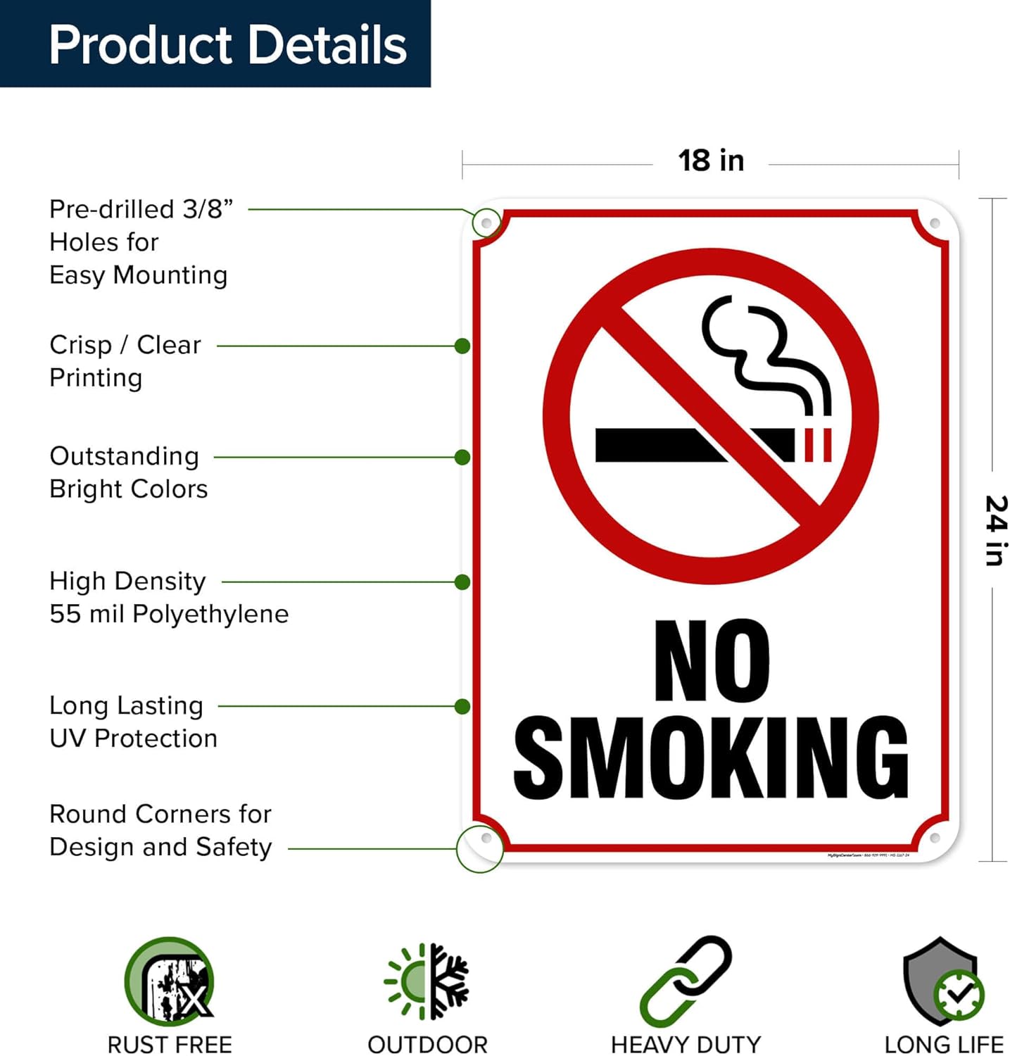 No Smoking Sign, 18"x24" Polyethylene, Indoor/Outdoor Use, USA MADE By My Sign Center