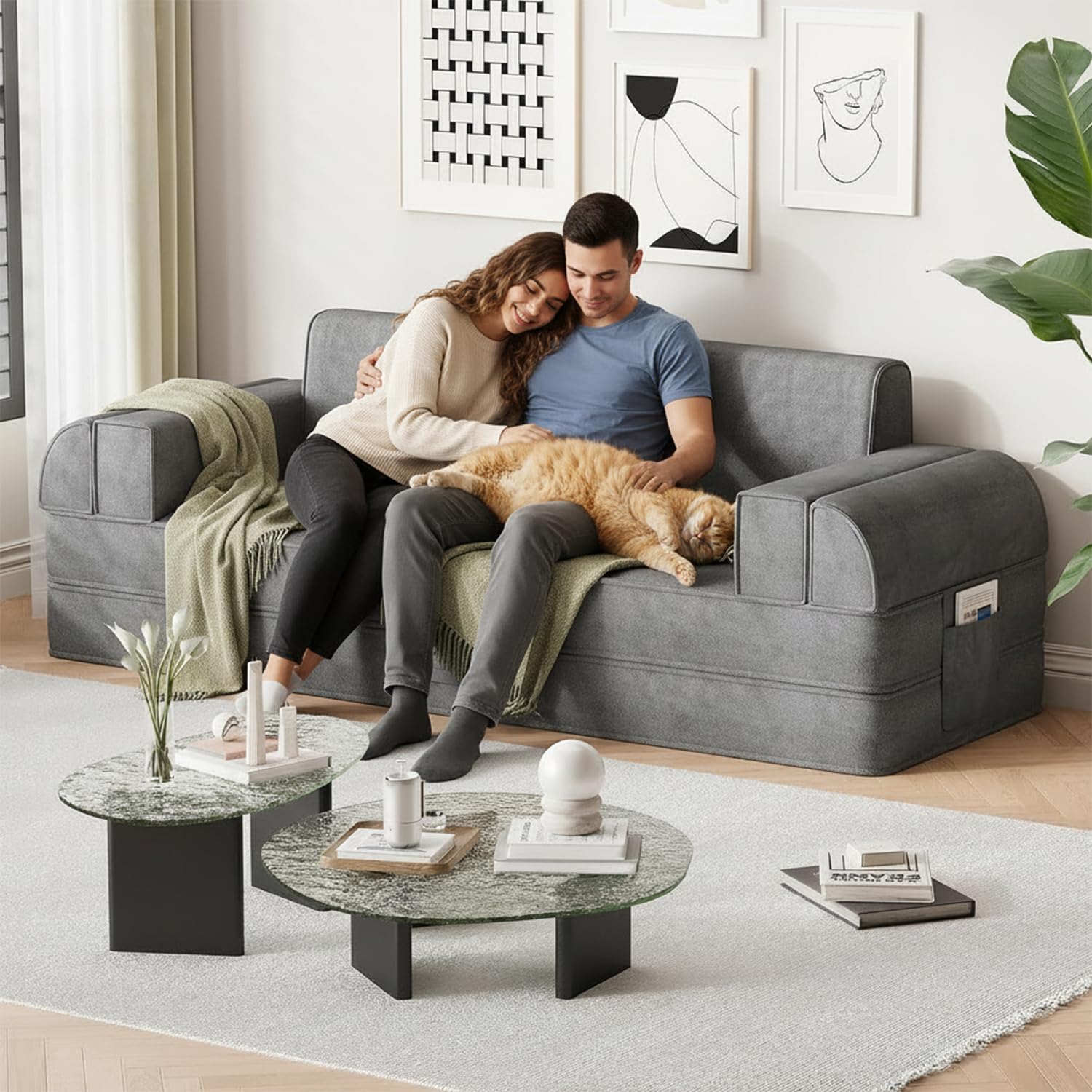 79" Convertible Sleeper Sofa Bed, Loveseat Boneless Couch, Dark Grey | Folding Floor Mattress with Removable Pillows Armrests Side Pockets, Fold Out Lounge Against The Wall for Living Room Bedroom