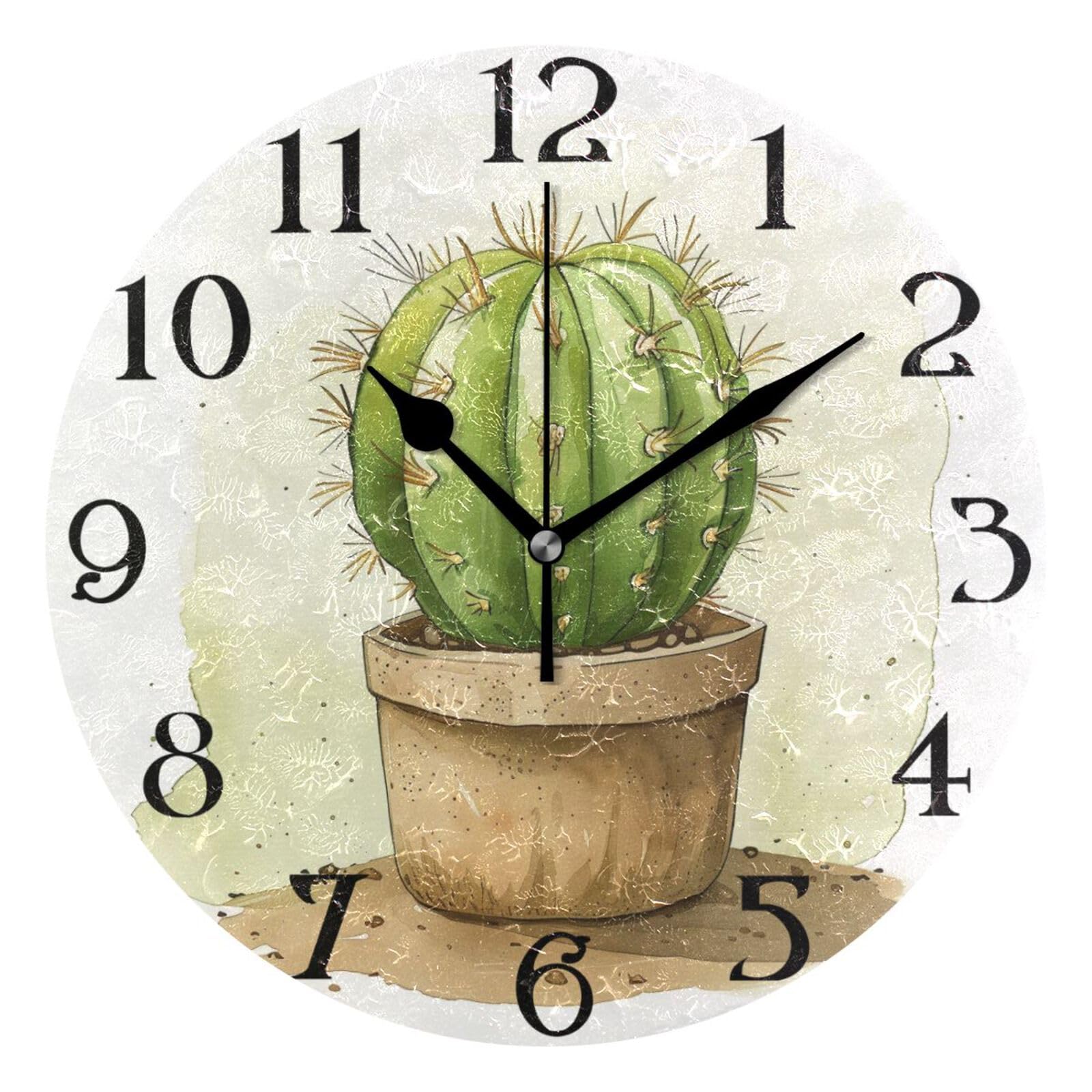 Cactus Tropical Plant Wall Clock Silent Non Ticking Kitchen Clock 9.5 Inch Round Bathroom Clock Battery Operated Quartz Analog Decorative Desk Clock Living Room Decor