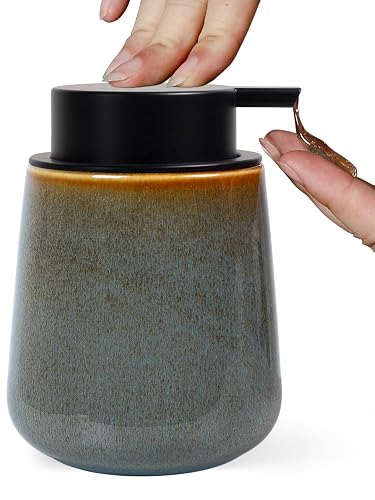 INGOFIN Ceramic Lotion Dispenser - 12 oz Refillable Hand Soap Dispenser Bathroom, Modern Liquid Dispenser with Pump, Dish Soap Dispenser for Kitchen,Kiln-Glazed Blue-Green