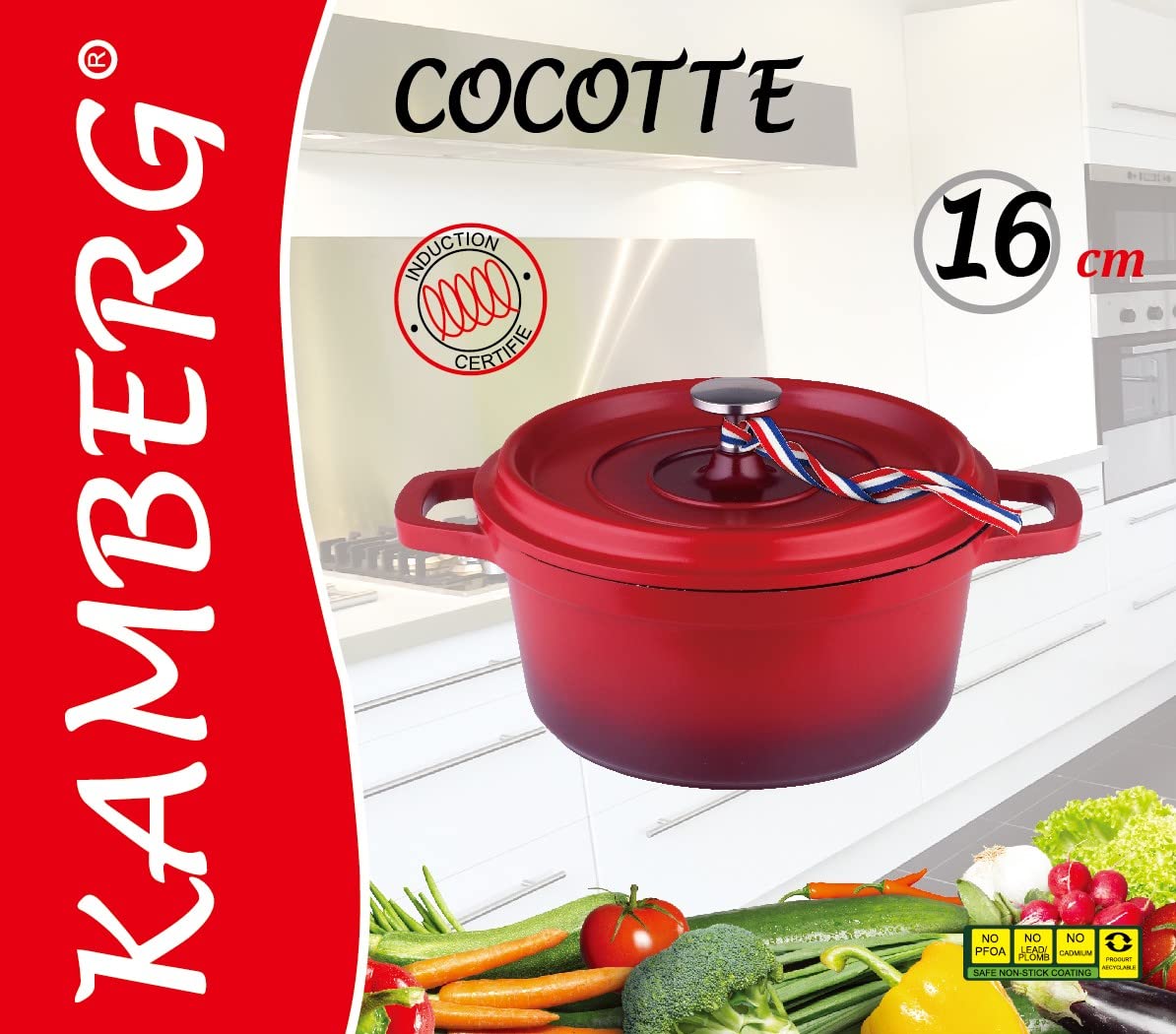 KAMBERG - 0008186 - Cocotte Ø 16 cm Ronde Rouge Flammée - Fonte d'aluminium - Revêtement pierre - Tous feux dont induction - Sans PFOA