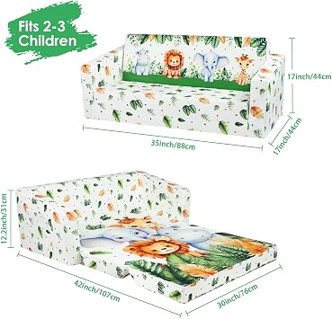 Decalsweet Foldable Kids Sofa,Double Seat 2 in 1 Flip Open Kids Sofa Bed with Pocket,Comfortable Children's Sofa for Bedroom Nursery Playroom,Gift for Girls Boys-Animal