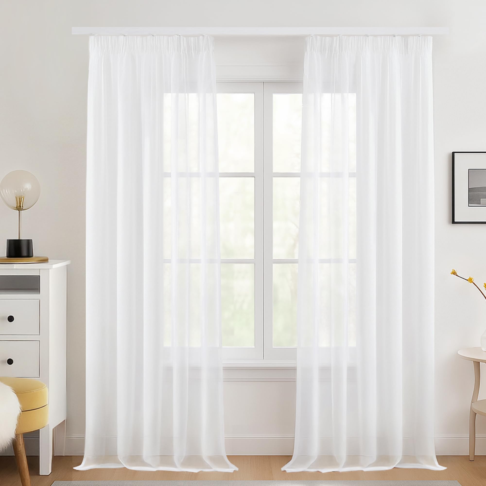 Deconovo Stores Gardinen mit Kräuselband Sheer Voile Vorhang Weiß Vorhänge für Schienen Halbtransparent Gardinenschal für Wohnzimmer Schlafzimmer Dekoschal, H 175 x B 140 cm, 2er Set