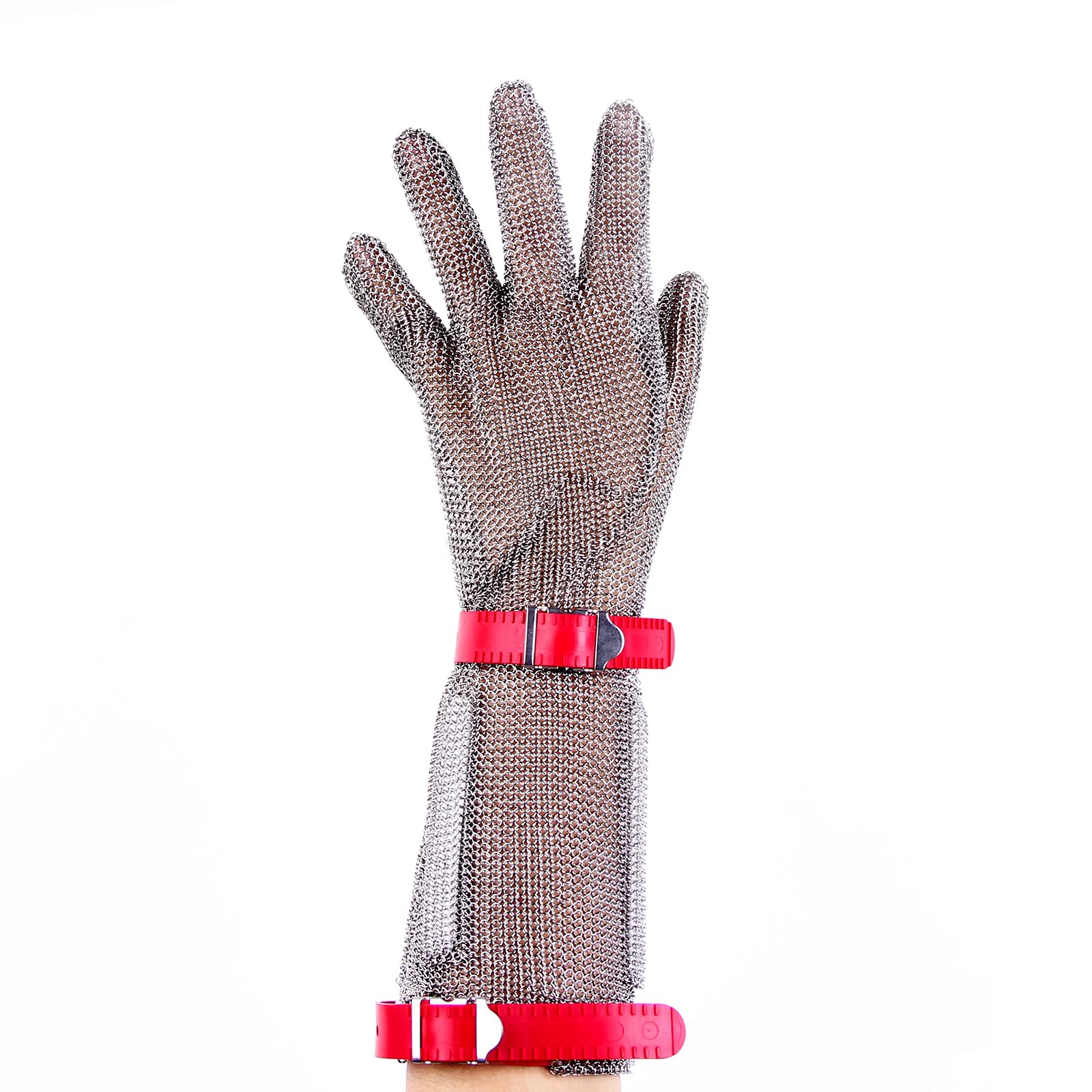 Gant en maille en acier inoxydable de 15 cm, gant métallique résistant aux coupures avec bracelet en plastique réglable pour boucher, transformation de la viande et cuisine (M)