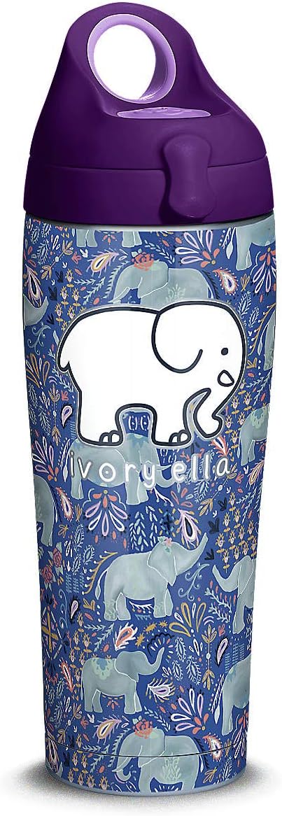 TervisIvory Ella-Paisley Elephant Stainless Steel Insulated Tumbler with Purple Lid, 24oz Water Bottle, Silver