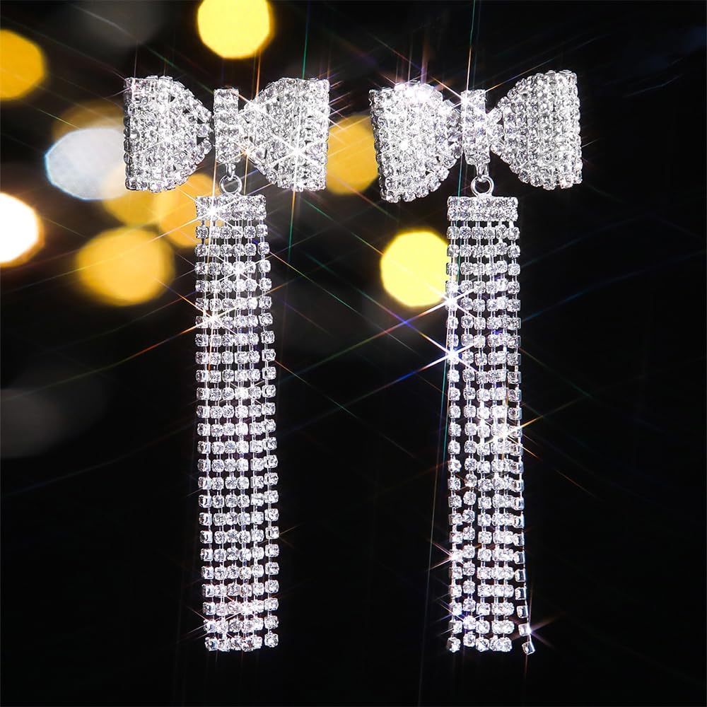 Kercisbeauty Rhinestones Bowtie Earrings with Tassels Long Chain Statement Jewelry for Women image 2