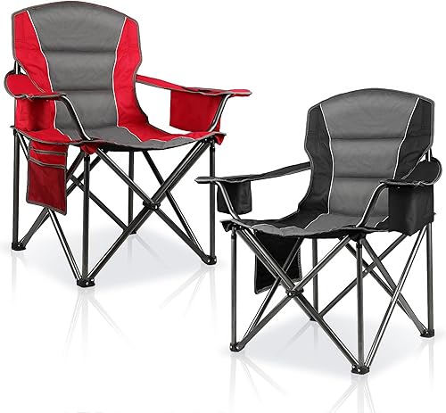 Miniatura 7 de Paquete de 2 sillas de camping plegables de gran tamaño para adultos, sillas de césped resistentes con almacenamiento para tazas y bolsa