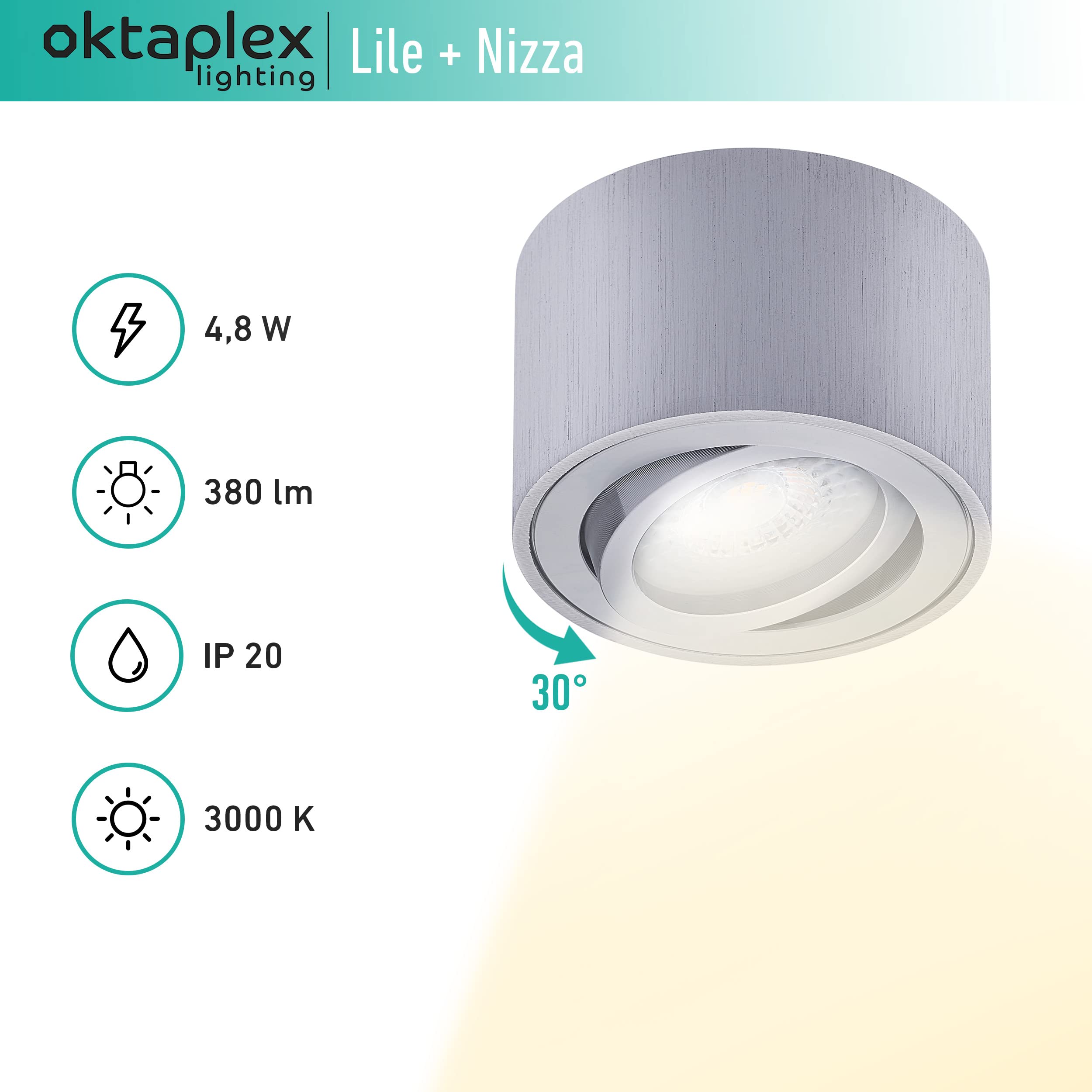 Oktaplex 6x Foco Superficie Orientable Lile Aluminio Cepillado Incluye Módulo LED Regulable 4,8W 230V 3000K Blanco Cálido 80x50mm - Foco Empotrable