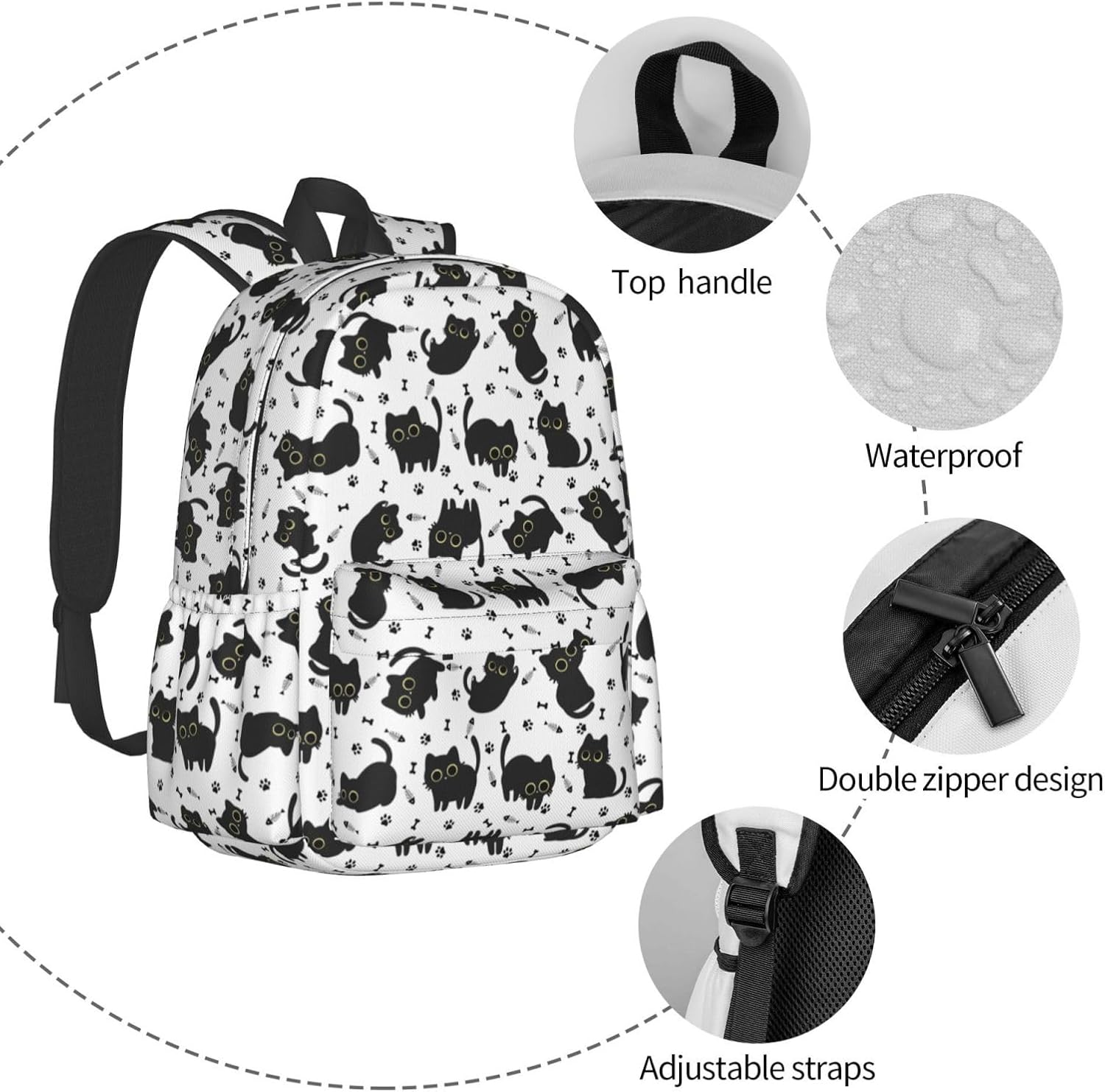 Cute Black Cat Fish Bones Multipurpose School Bag Bookbag for Teenage Boys Girls Daily Backpack - Image 7