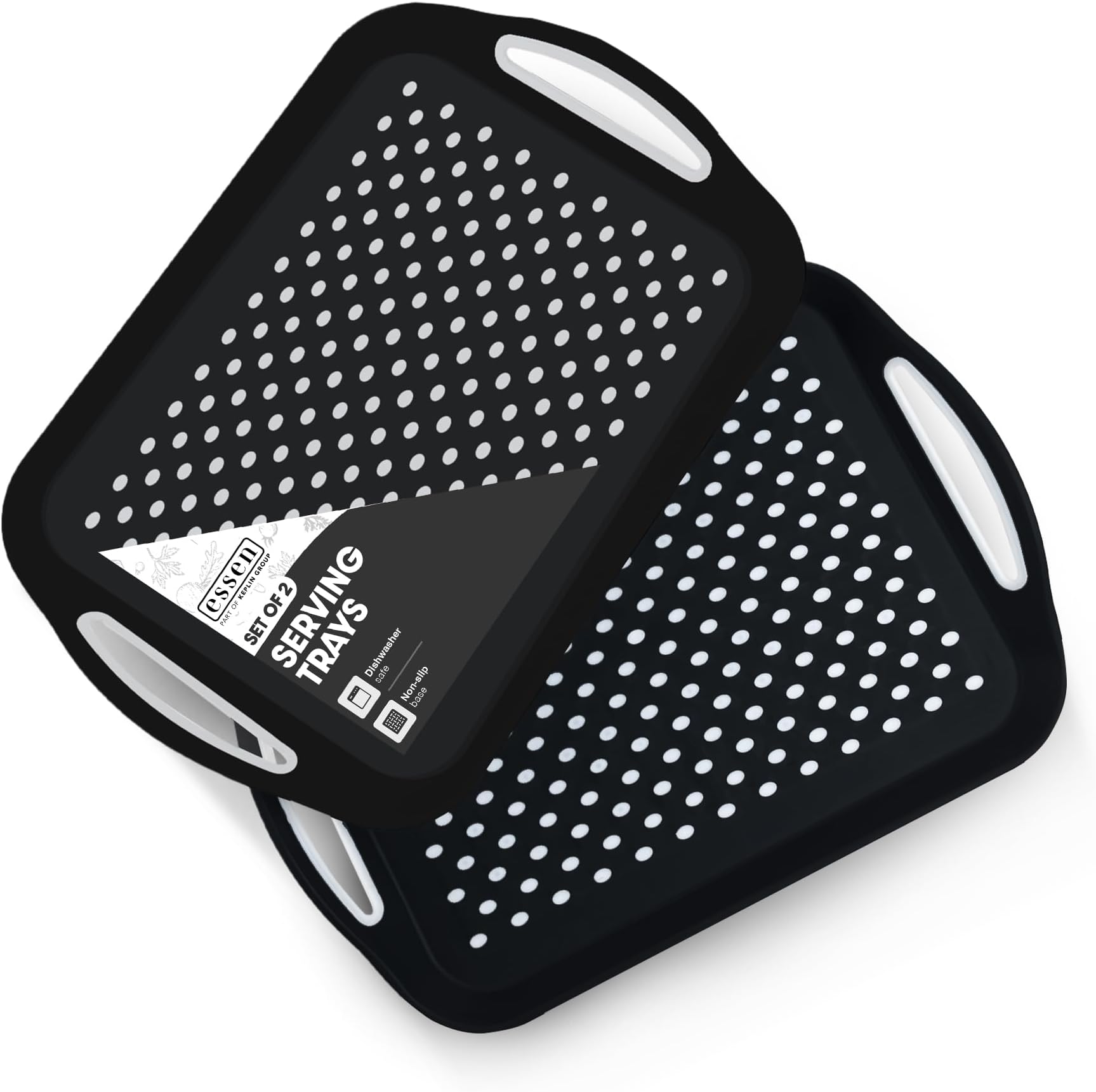 Essen 2-Pack Serving Tray Set – Non-Slip Lap Boards with Grip Handles, Ideal for Food Prep, Tea, Breakfast in Bed – Plastic Tray for Stable Dining – Dishwasher Safe (Black/Black)