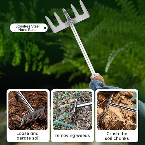 Miniatura 8 de Juego de herramientas de jardín resistentes, pala graduada de acero inoxidable, tenedor de mano, rastrillo de mano, pala de trasplante con escala,