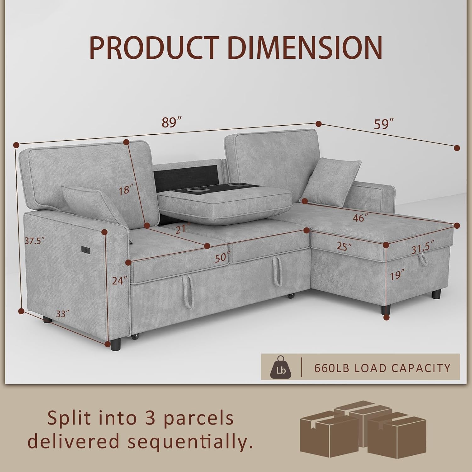 Dreamzie 89'' L Shaped Sectional Sleeper Sofa with Flip-Down Center Console & Charging Ports, Chenille 3 Seater Pull Out Couch for Living Room, Convertible Sofa Bed Couch for Apartment, Office - Grey | Cup Holders