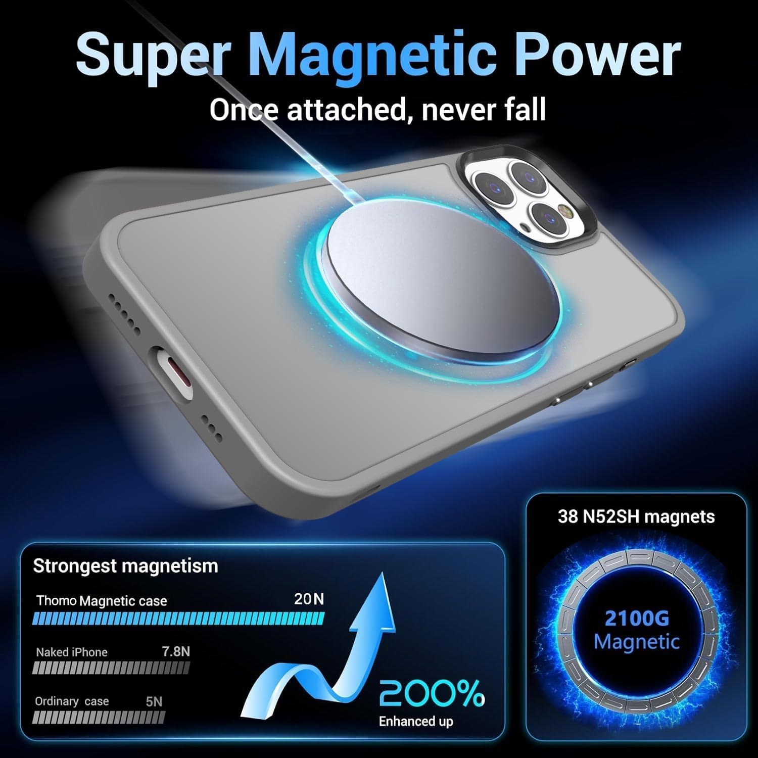 Thomo Strong Magnetic for iPhone 15 Pro Max Case, [Compatible with Magsafe][13FT Military-Grade Drop Tested] Slim Matte Translucent Protective Case for iPhone 15 Pro Max Case 6.7'', Titanium Gray