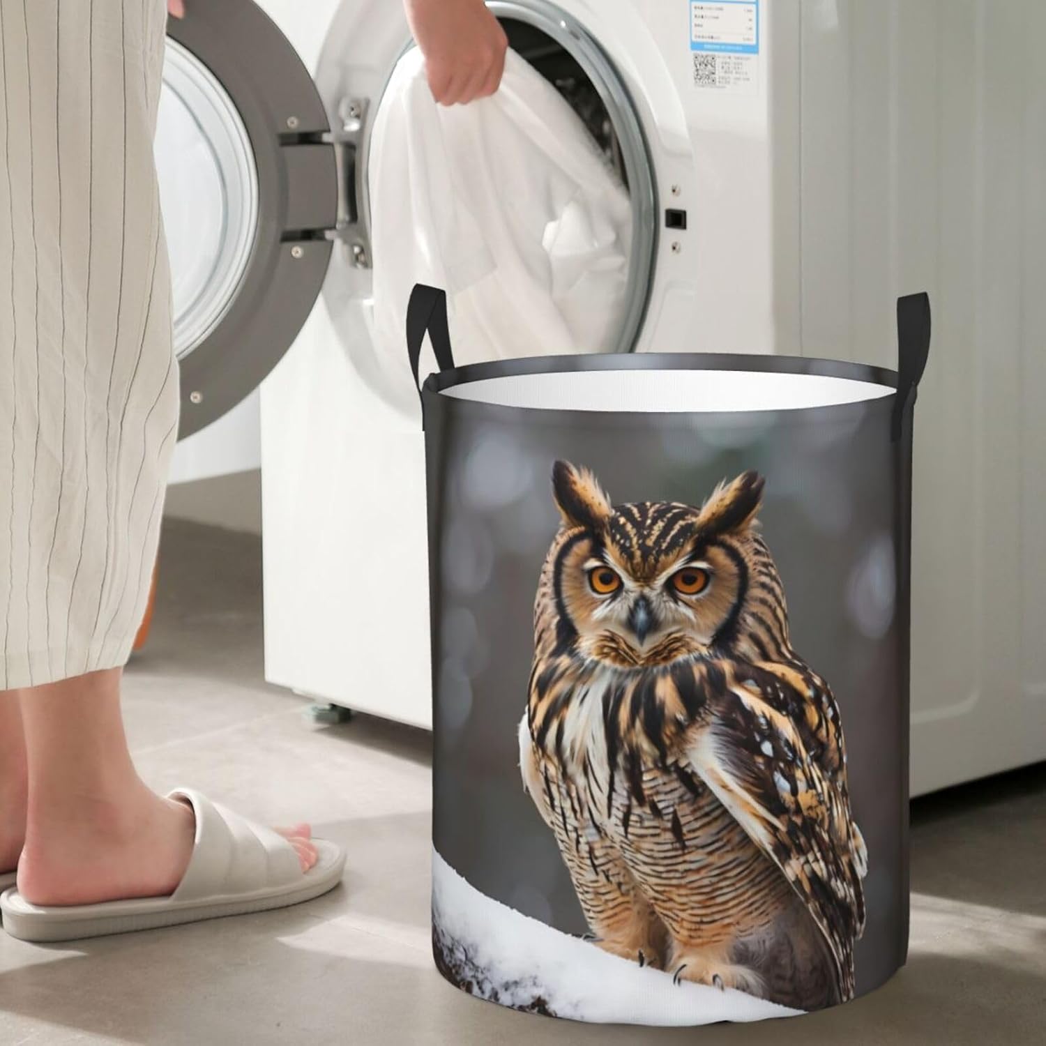 Cute owl Round Single-layer Laundry Basket, Portable Storage Laundry Basket, Bedroom Clothes Storage Basket with Handle