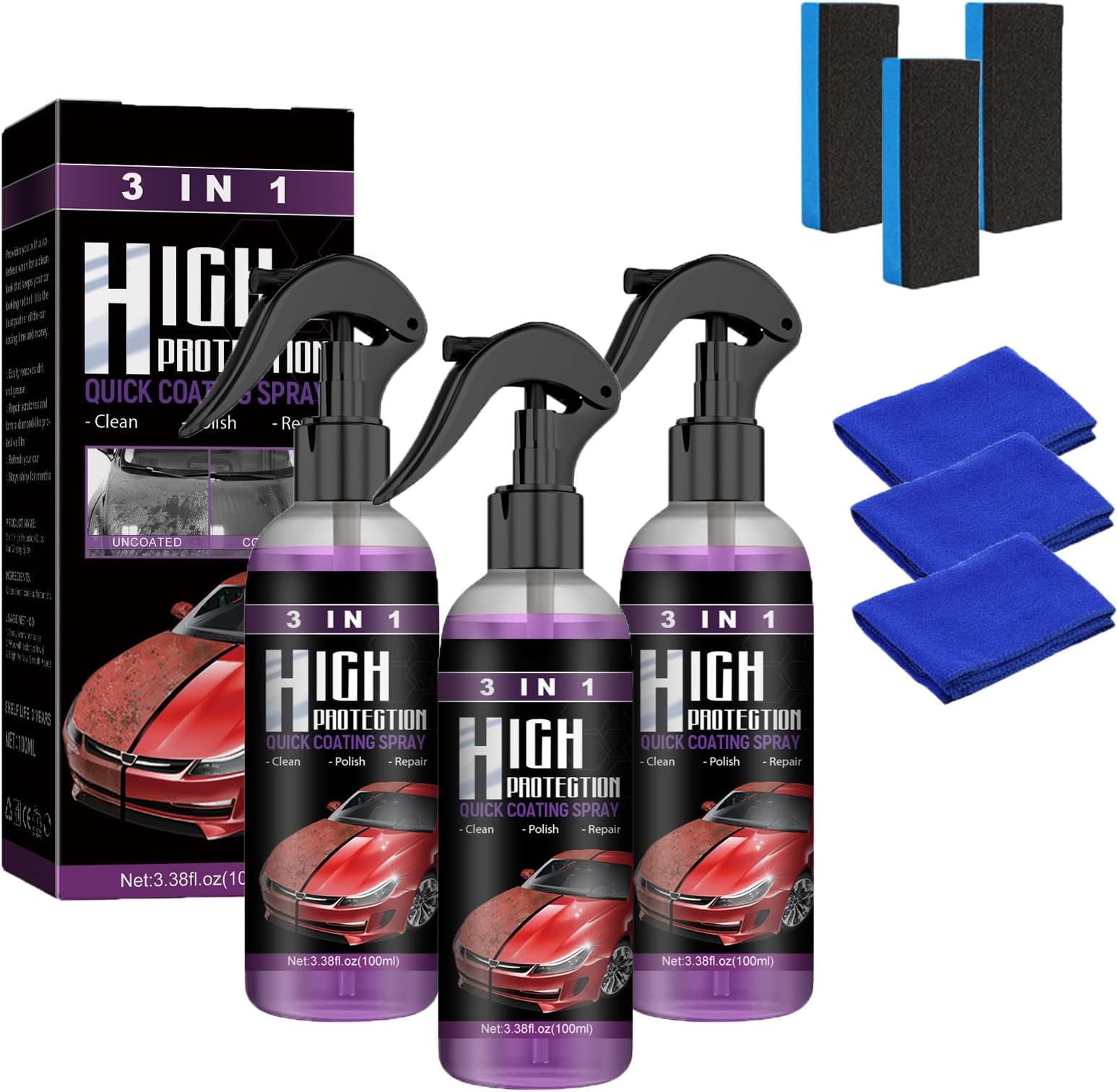 3 Pcs High Protection 3 In 1 Spray,New Beeoo Car Coating Spray,Car Paint Restorer Wax Polishing Agent With Sponge,Ceramic Car Spray, Car Scratch Repair Nano Spray