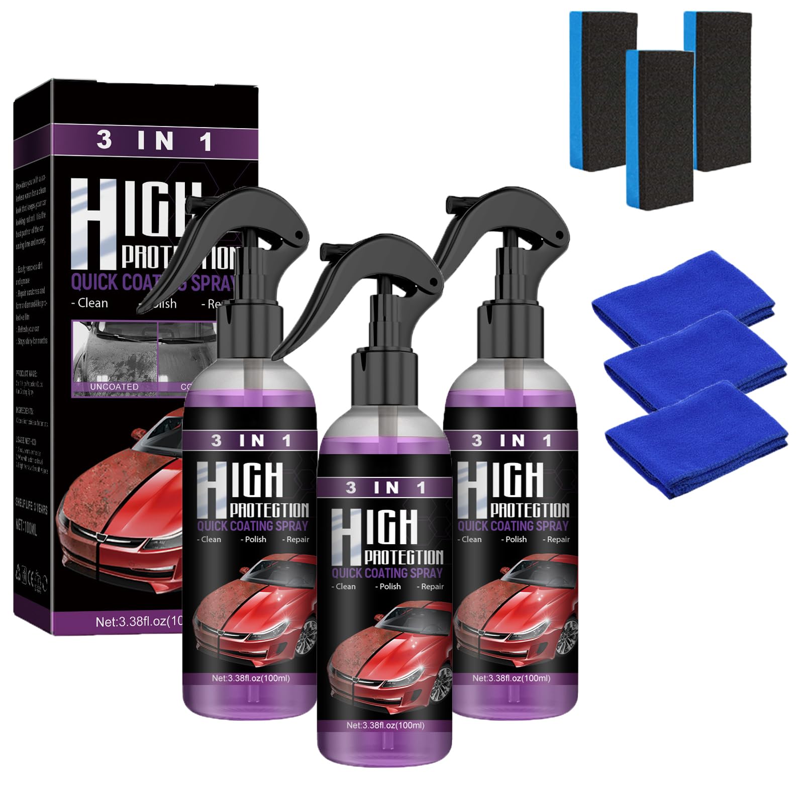 3 Pcs High Protection 3 In 1 Spray,New Beeoo Car Coating Spray,Car Paint Restorer Wax Polishing Agent With Sponge,Ceramic Car Spray, Car Scratch Repair Nano Spray