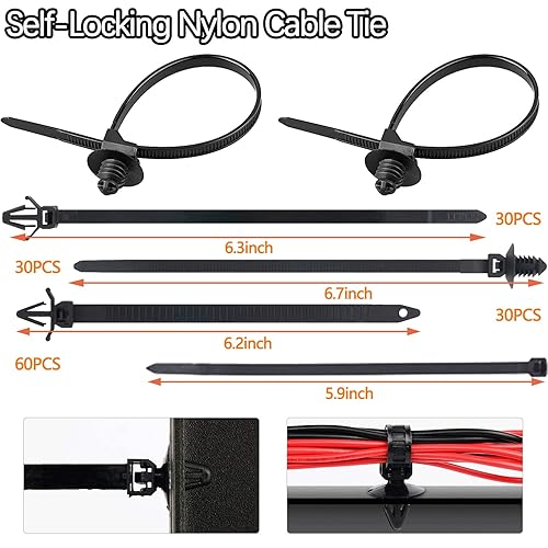Miniatura 5 de 180pcs Push Mount Cable Zip Tie with Car Wire Loom Routing Clips,Fastening Cable Clips for Organizing Cables and Cords,Car Clips Contains 7 Sizes