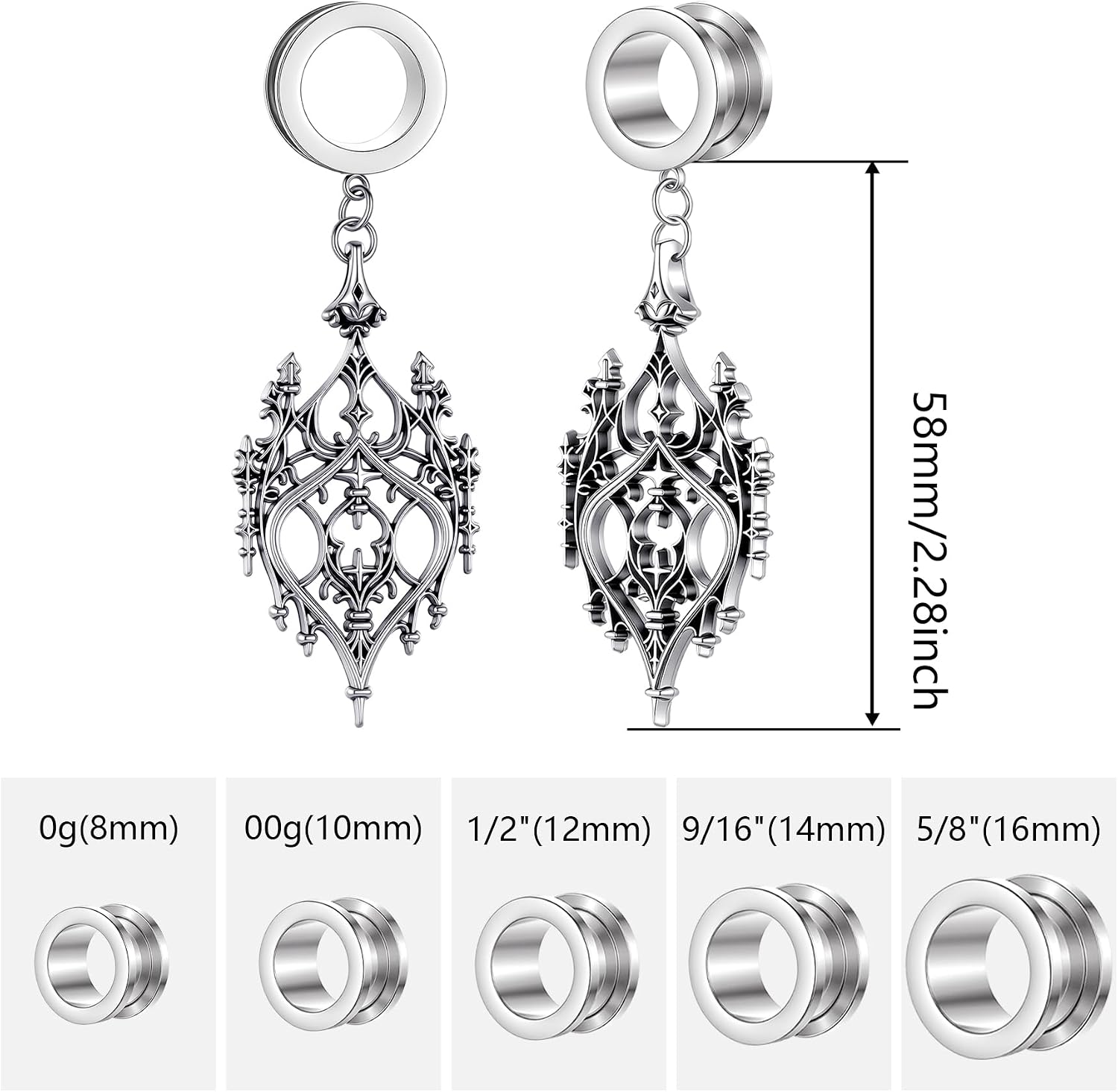 2PCS Gothic Ear Gauges & Tunnels, Hypoallergenic Dangle Gauges Plugs for Stretched Ears - Stainless Steel Body Piercing Jewelry for Men Women (8mm-16mm/0G, 00G)