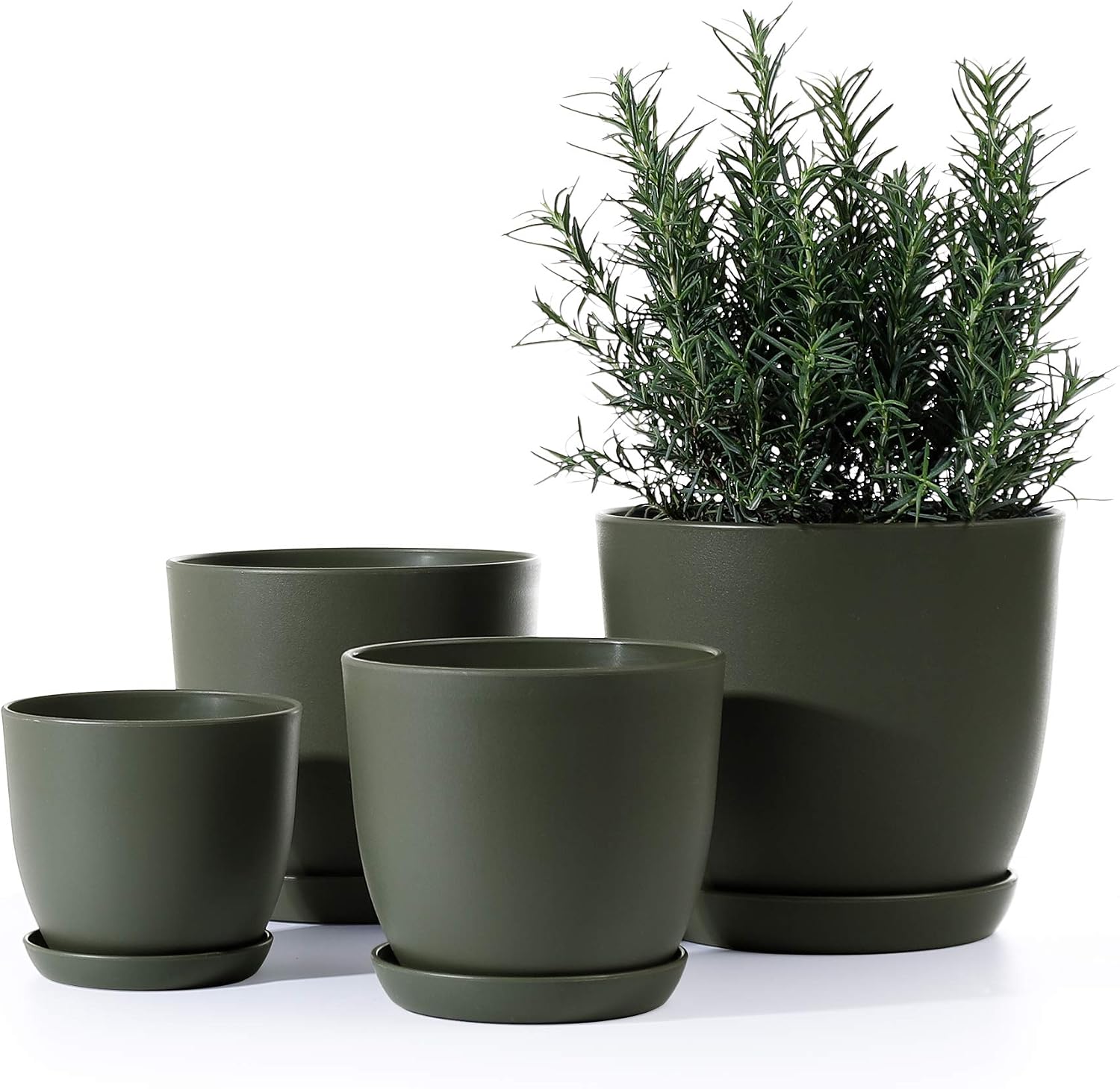 POTEY Plastic Plant Pot 7.5/6.3/5.5/4.5 Inch Modern Decorative Indoor Planter with Drainage Hole and Trays for All House Plants - 005, Green, Set of 4