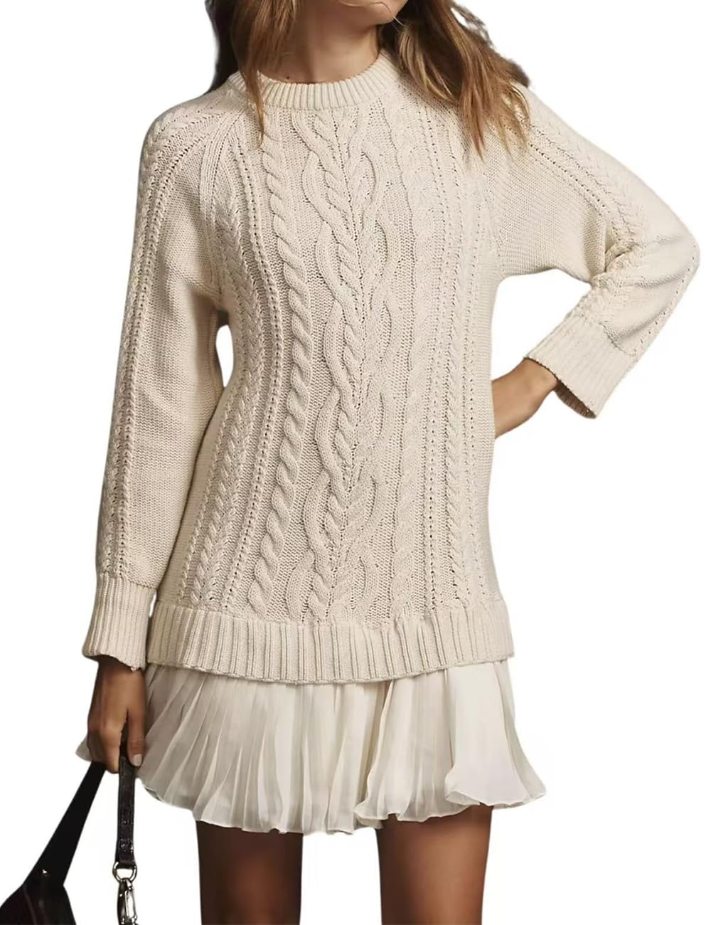 Ecosunny Womens Sweater Dress Casual Cable Knit Chunky Crewneck Long Sleeve Twofer Style Patchwork Mini Dress 2025 Outfits