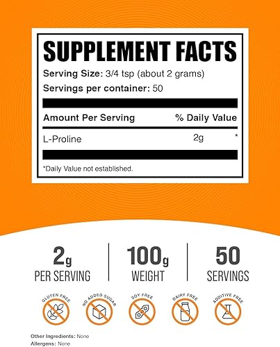 Miniatura 2 de BulkSupplements.com L-Proline Powder - Suplementos para la piel - Suplementos con aminoácidos - Suplementos nutricionales de aminoácidos (100 gramos