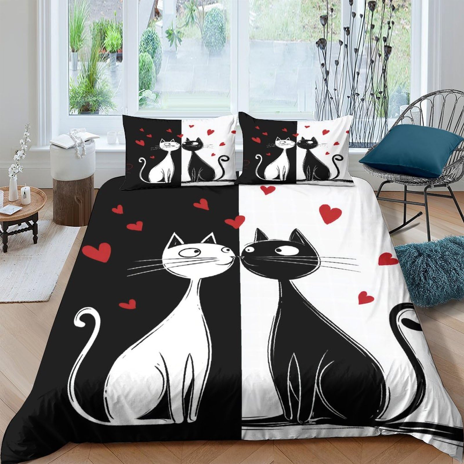 Ctjqhvkz Style-2 3D Printed Black White Cat Couple Fitted Sheet Microfiber Soft Non-Slip Bed Cover For Bedroom Guestroom Dorm Protection Decor Single（135X200cm）