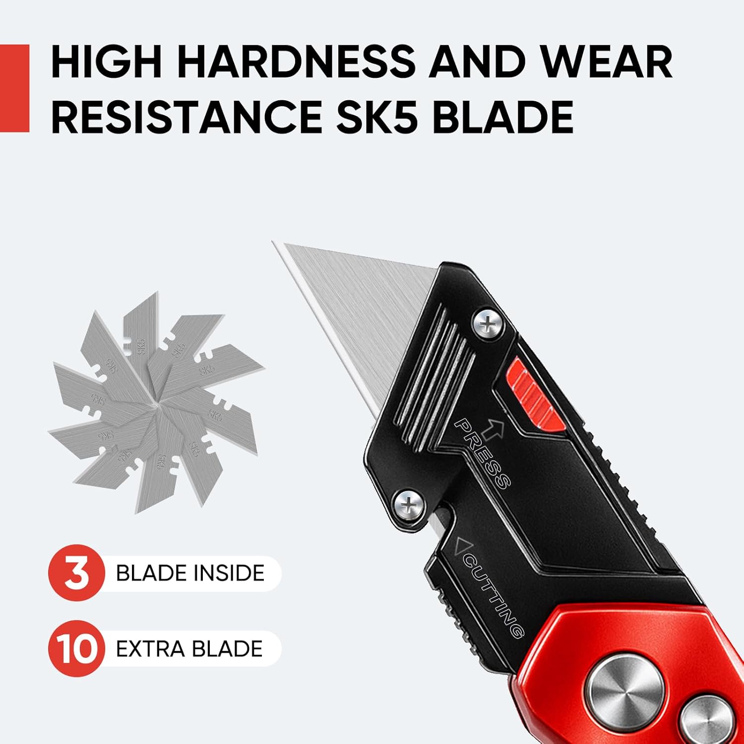 STEELITE Utility Knife Foldable, Box Cutter Heavy Duty Metal, Quick Open Botton Lock Razor Knife for Cartons, Rapes, Leather and Cardboard, Blades Storage Design with 13 Extra Blade, Red