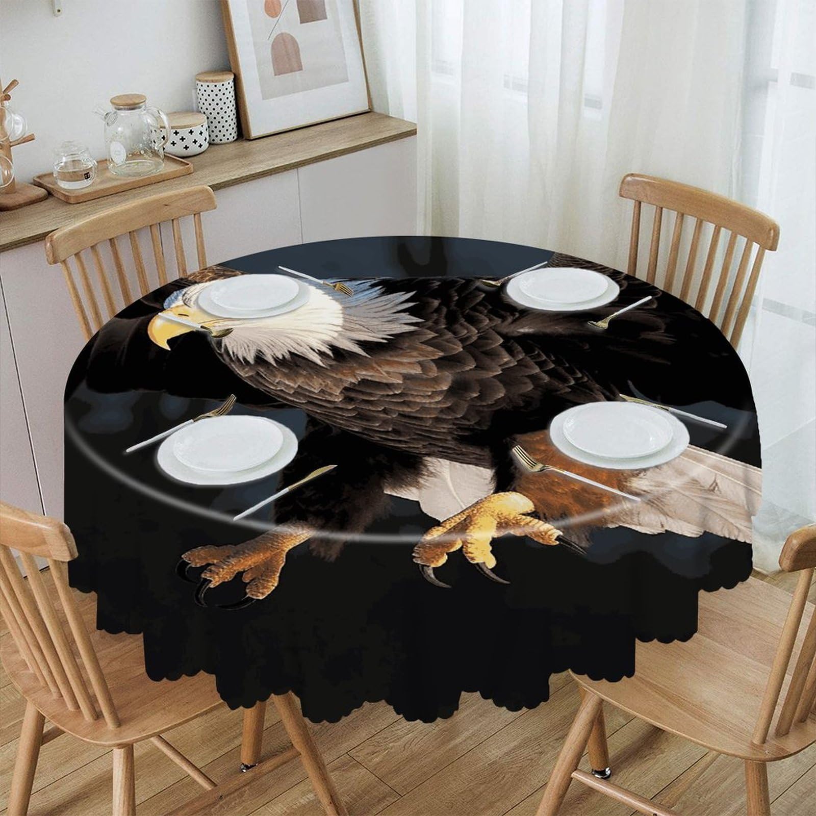 VstaDank 3D Bald Eagle Round Tablecloth 60 Inch Easy to Clean Circle Table Cover Thick Decorative Round Polyester Table Cloth for Dining Kitchen Party Farmhouse Outdoor