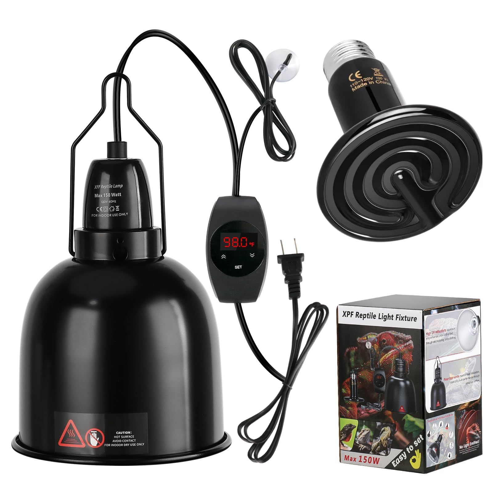 Reptile Light Fixture with Thermostatic Timer, Reptile Heat Lamp  Fixture, Added Switch Control Function with 100W Heat Lamp Bulbs for Reptile