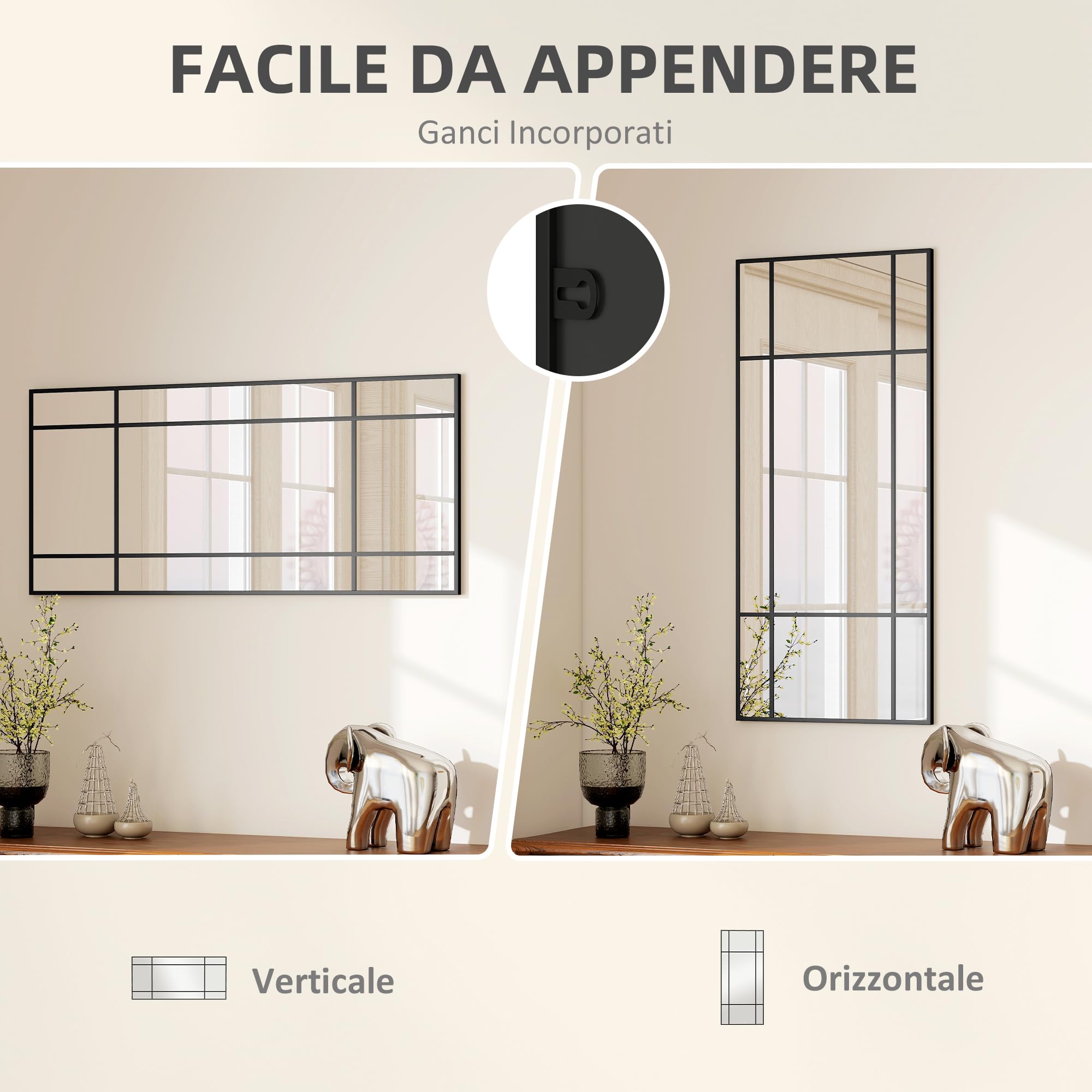 HOMCOM Specchio Moderno Stile Finestra, Specchiera da Camera e Soggiorno con Montaggio Verticale e Orizzontale, 110x50cm, Nero
