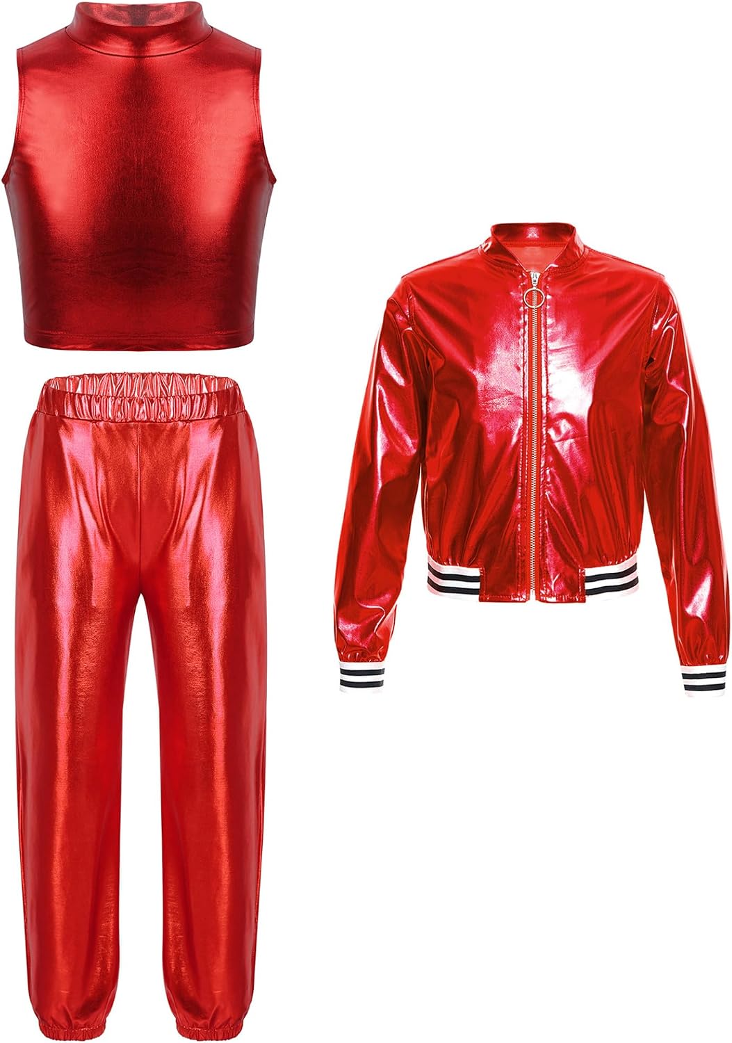 Jhaoyu Girls 3 Pcs Sparkle Hip Hop Jazz Outfit Dance Costume Crop Top Bomber Jacket with Pants Streetwear