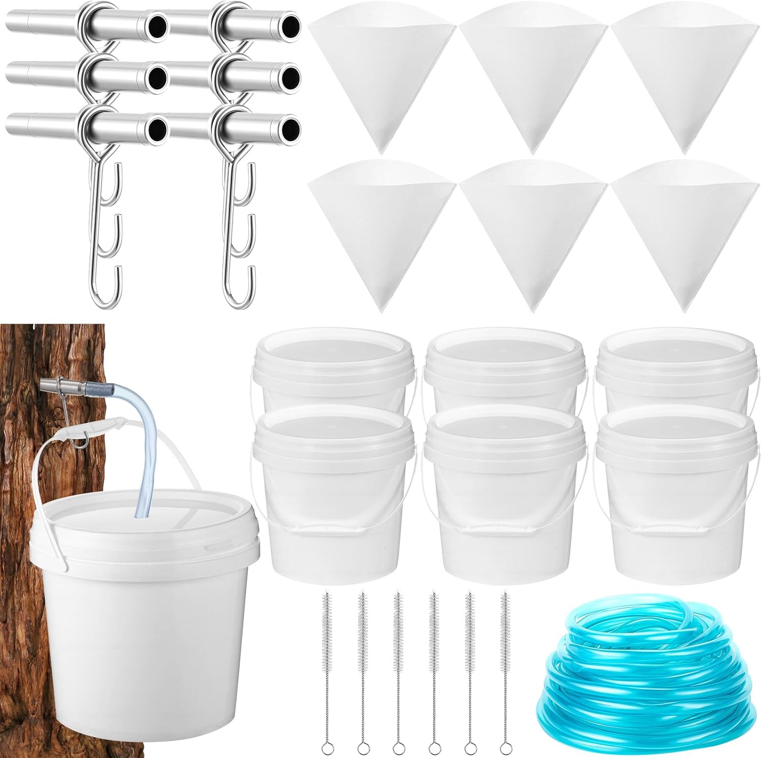 6 Sets Maple Syrup Tapping Kit Maple Sugar Starter Kit Included 3 Buckets with Lid, 3 Metal Maples Syrup Taps, 3 Maples Syrups Filters, 1 Syrups Tube 1 Cleaning Brush for Spiles (White)