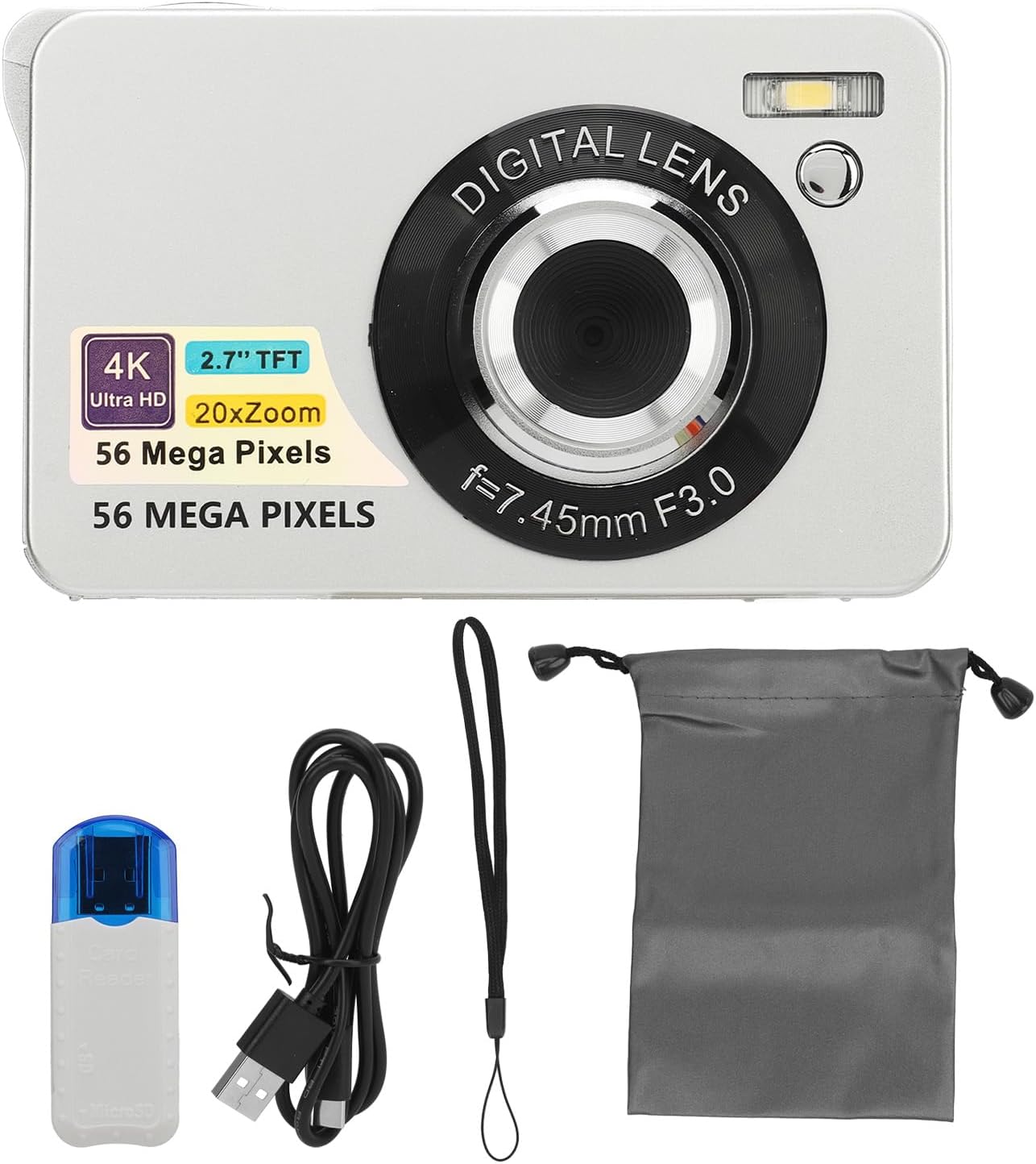 GOWENIC Digital Camera and included accessories: USB cable, lanyard, storage bag, and card reader.