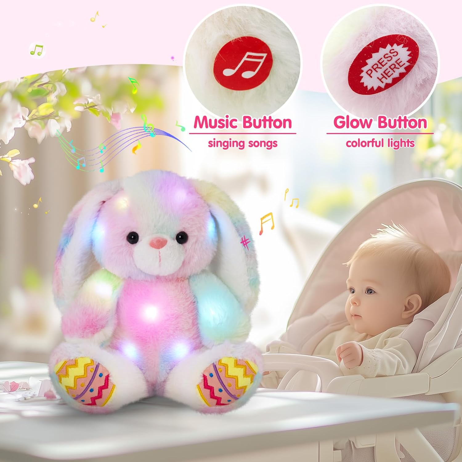 Glow Guards Easter Plush Bunny Stuffed Animal, Musical Light up Rainbow Stuffed Bunny, Singing Rabbit Stuffed Animal Toy with Floppy Ear Bunny Easter Gifts Bedtime Friend for Baby Girls Boys Kids, 10"