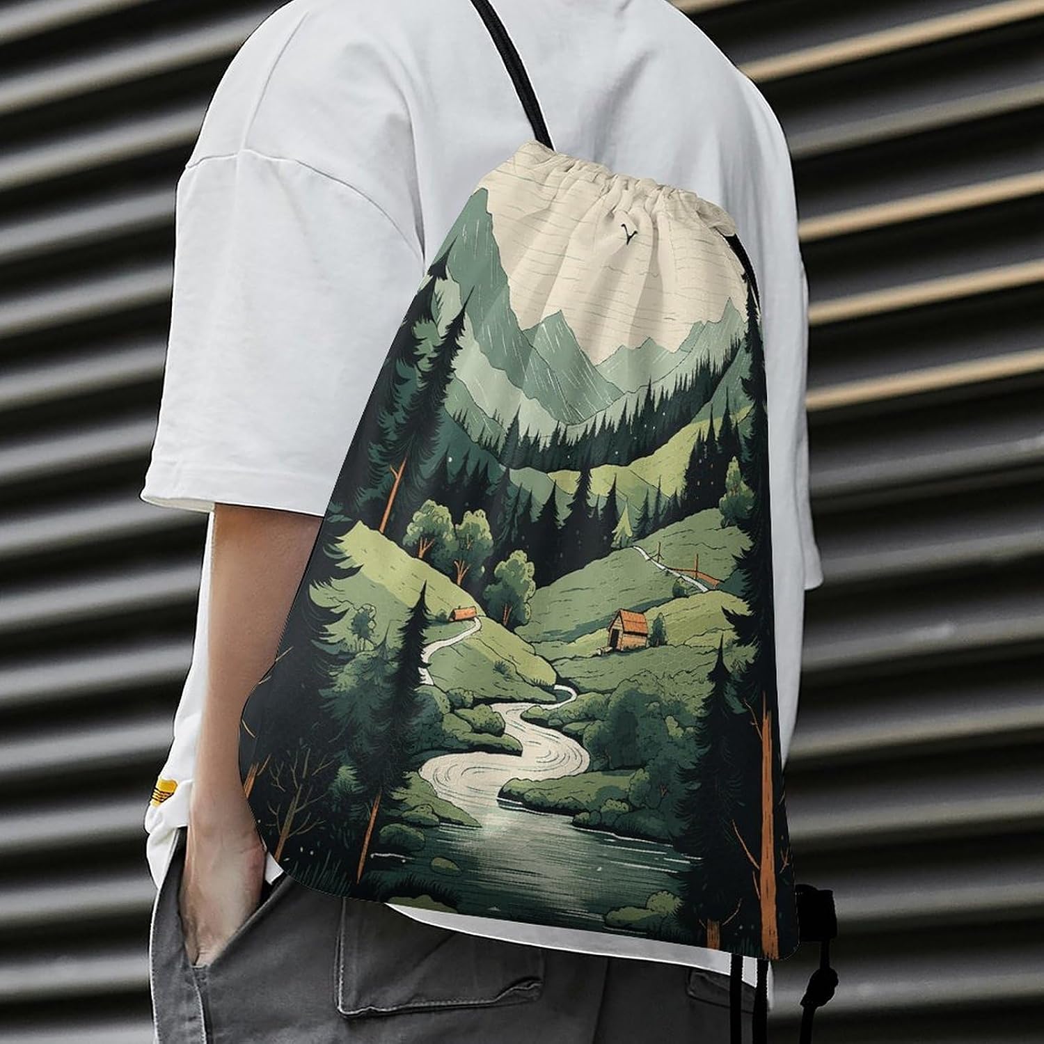 Outdoor Landscape Drawstring Backpack Made of Honeycomb Fabric,Convenient Drawstring Bag,Cinch Bags for Sports, Gym, Travel, Swimming, Beach