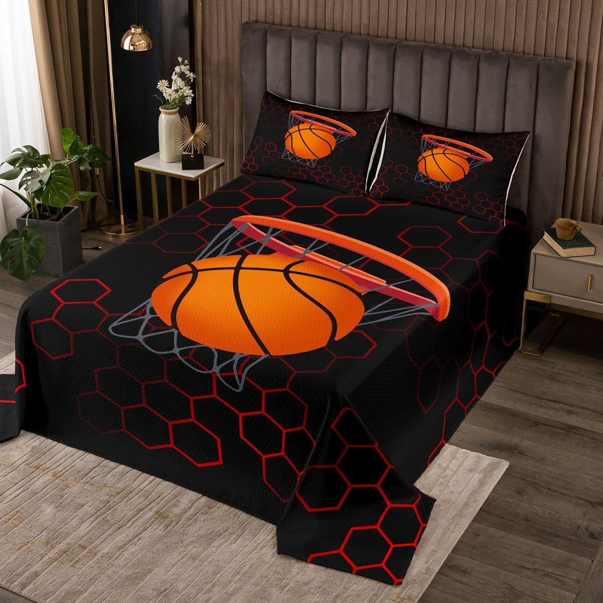 Narzuta 3D do koszykówki, 1 poduszka, prosta geometryczna kołdra z miodu, dla dzieci, nastolatków, z kreskówki, nowoczesna piłka sportowa, zestaw pościeli rozmiar S