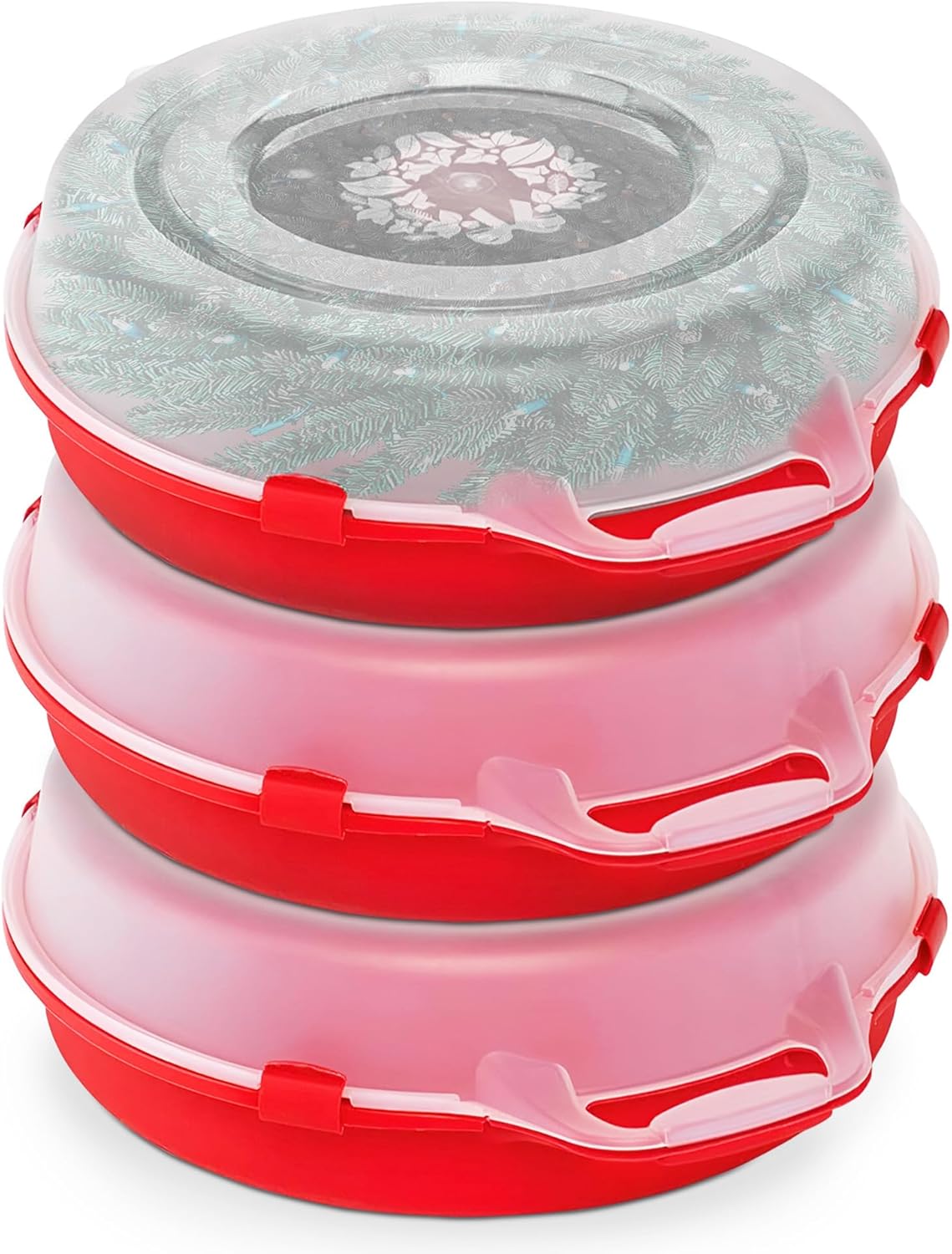 HOMZ 3-Pack 24 Inch Seasonal Holiday Clear Plastic Wreath Storage Containers, Red – Stackable Decoration Organizer Bins with Lids and Handles for Christmas Wreaths and Garlands