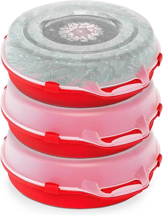 HOMZ 3-Pack Seasonal Holiday Decorative Wreath Storage Organizer, 24 Inch, Red & Clear - Round Plastic Christmas Decoration Holder for Wreaths and Garlands w/ 4-Way Latches Built-In Handle