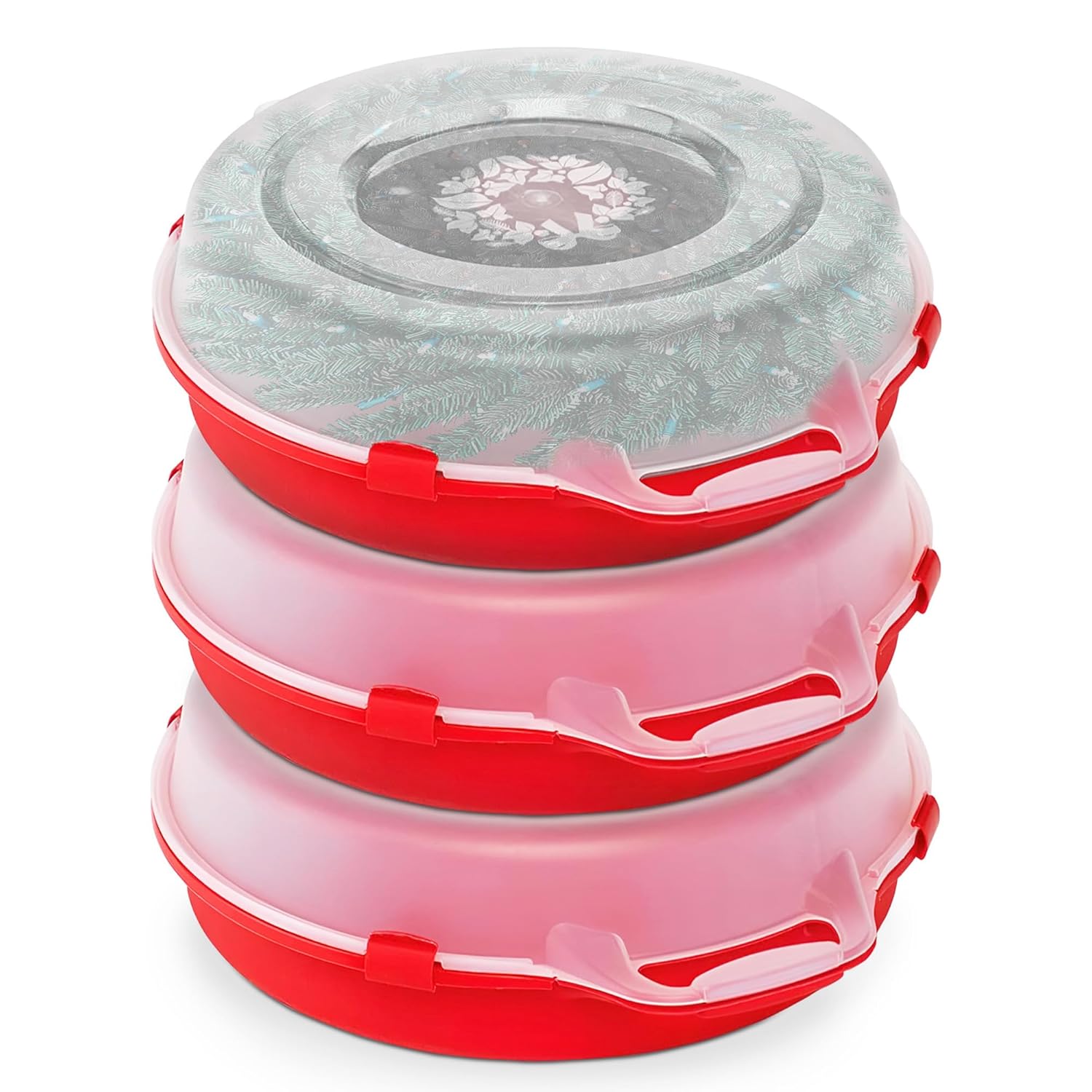 HOMZ 3-Pack 24 Inch Seasonal Holiday Clear Plastic Wreath Storage Containers Red Stackable Decoration Organizer Bins with Lids