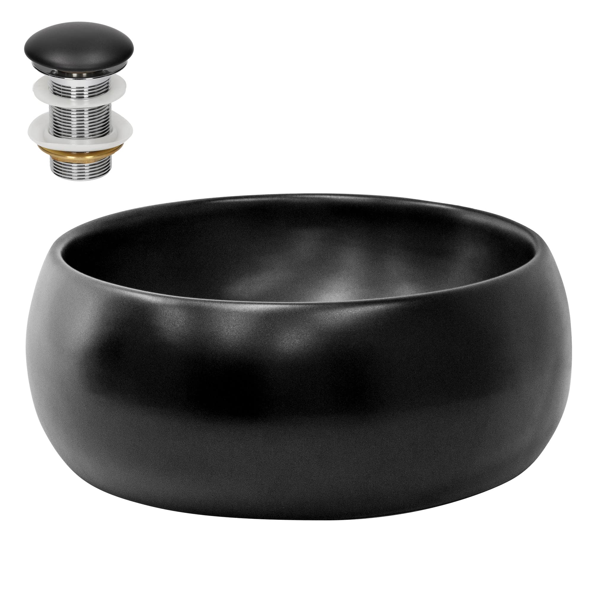 LuxeBath Lavabo da Appoggio in Ceramica Nero Finitura Opaca Ø 400 x 155 mm Lavandino Rotondo Design Moderno Lavamani con Foro di Scarico e Piletta Lavello Elegante Sanitari per Bagno Toilette WC