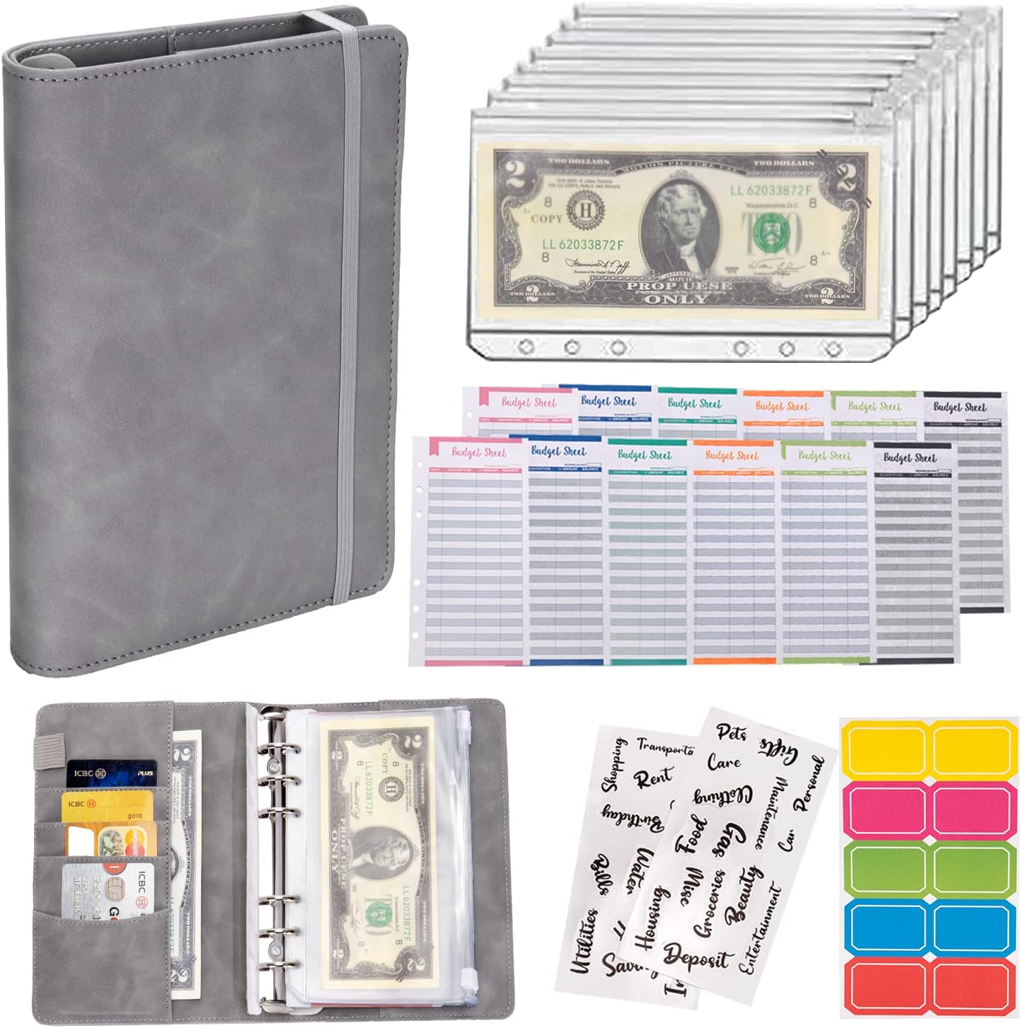 Budget Binder Cash Envelopes for Budgeting Money Organizer for Cash Money Envelopes for Cash Leather A6 Budget Binder with Zipper envelopes (Grey)